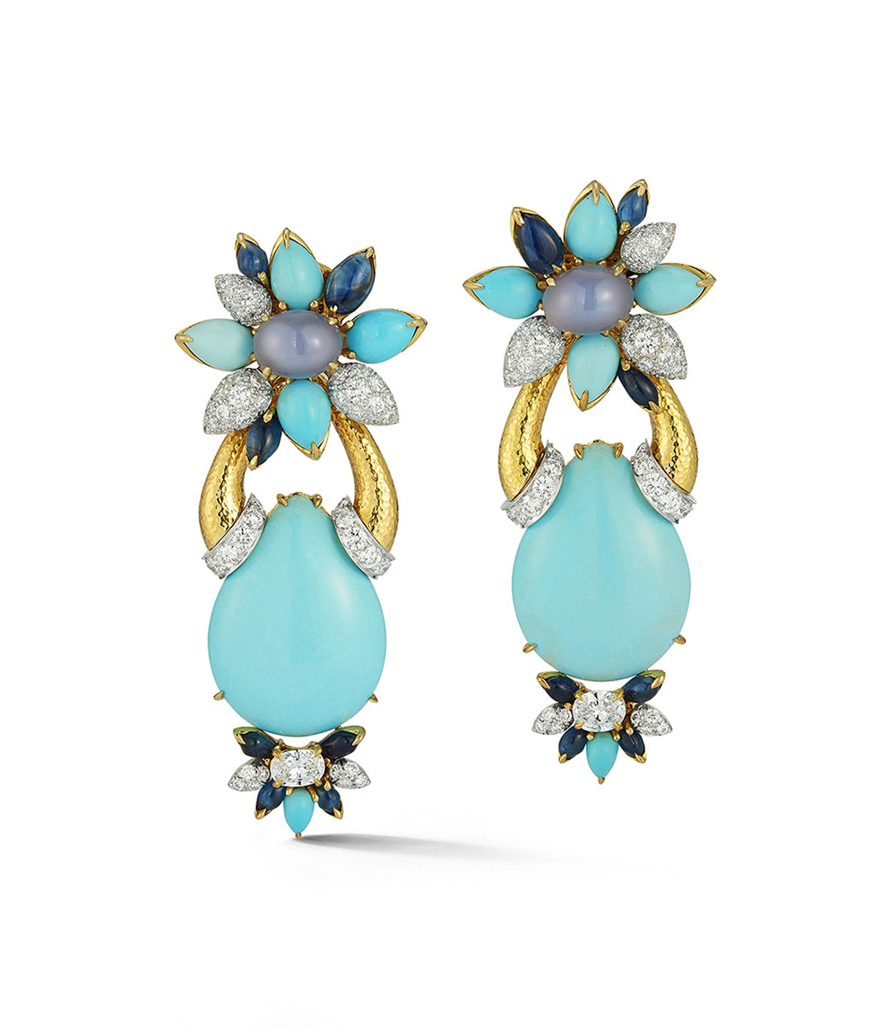 David Webb Workshop, Asheville Earrings, Hammered 18K Gold, Turquoise, Diamonds