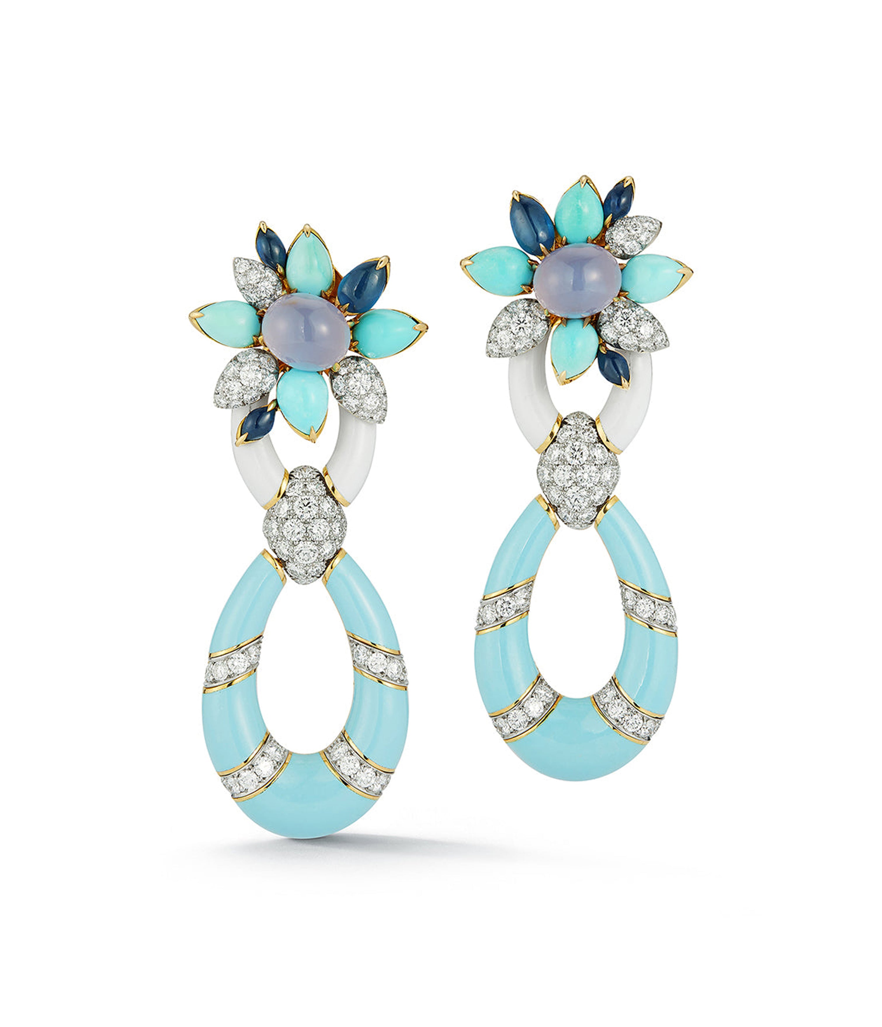 David Webb Workshop, Asheville Earrings, Light Blue Enamel, Turquoise, Diamonds