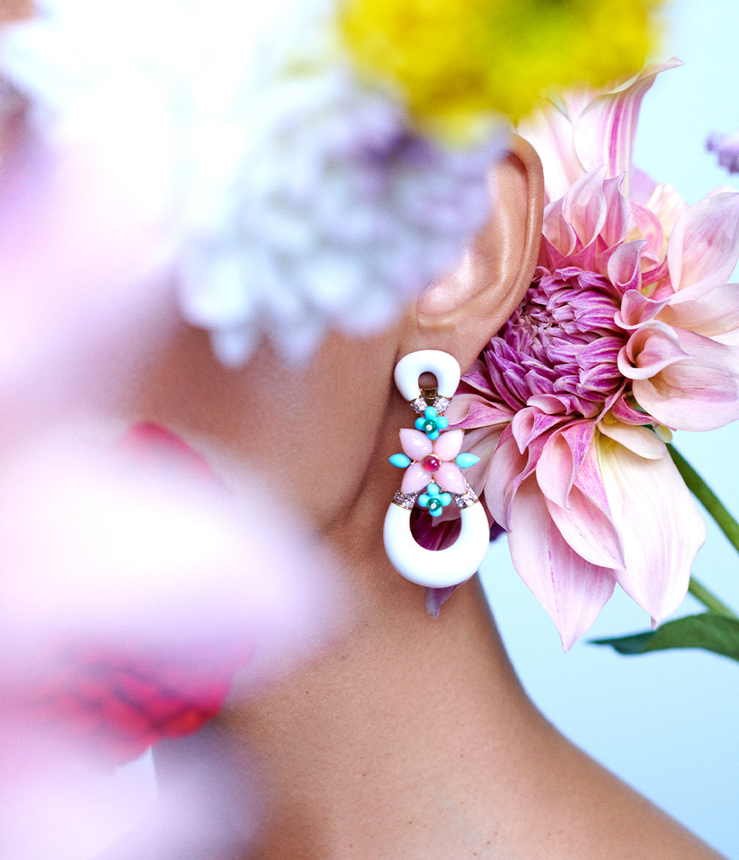 David Webb Workshop, Asheville Earrings, White Enamel, Pink Opal, Diamonds