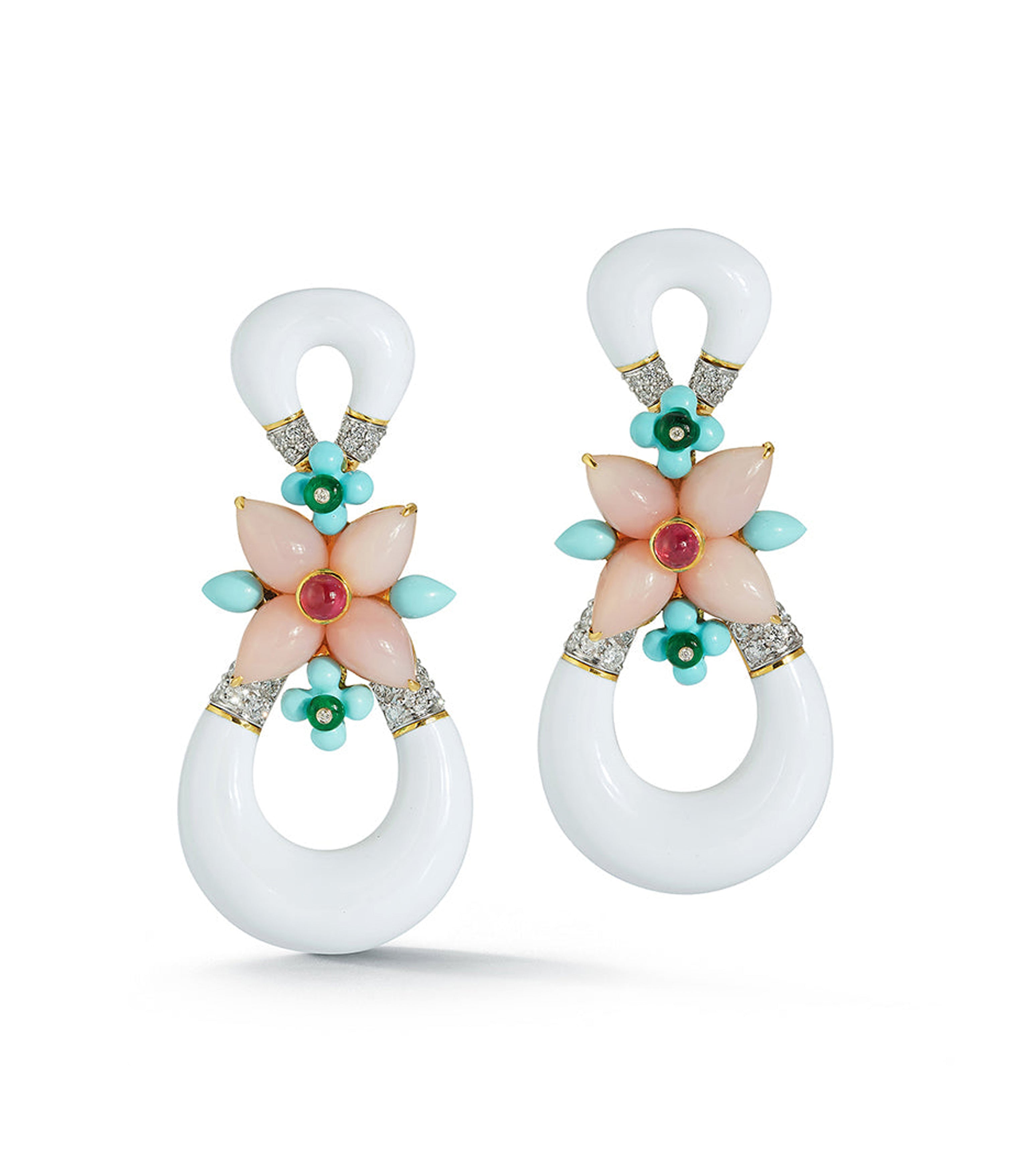 David Webb Workshop, Asheville Earrings, White Enamel, Pink Opal, Diamonds