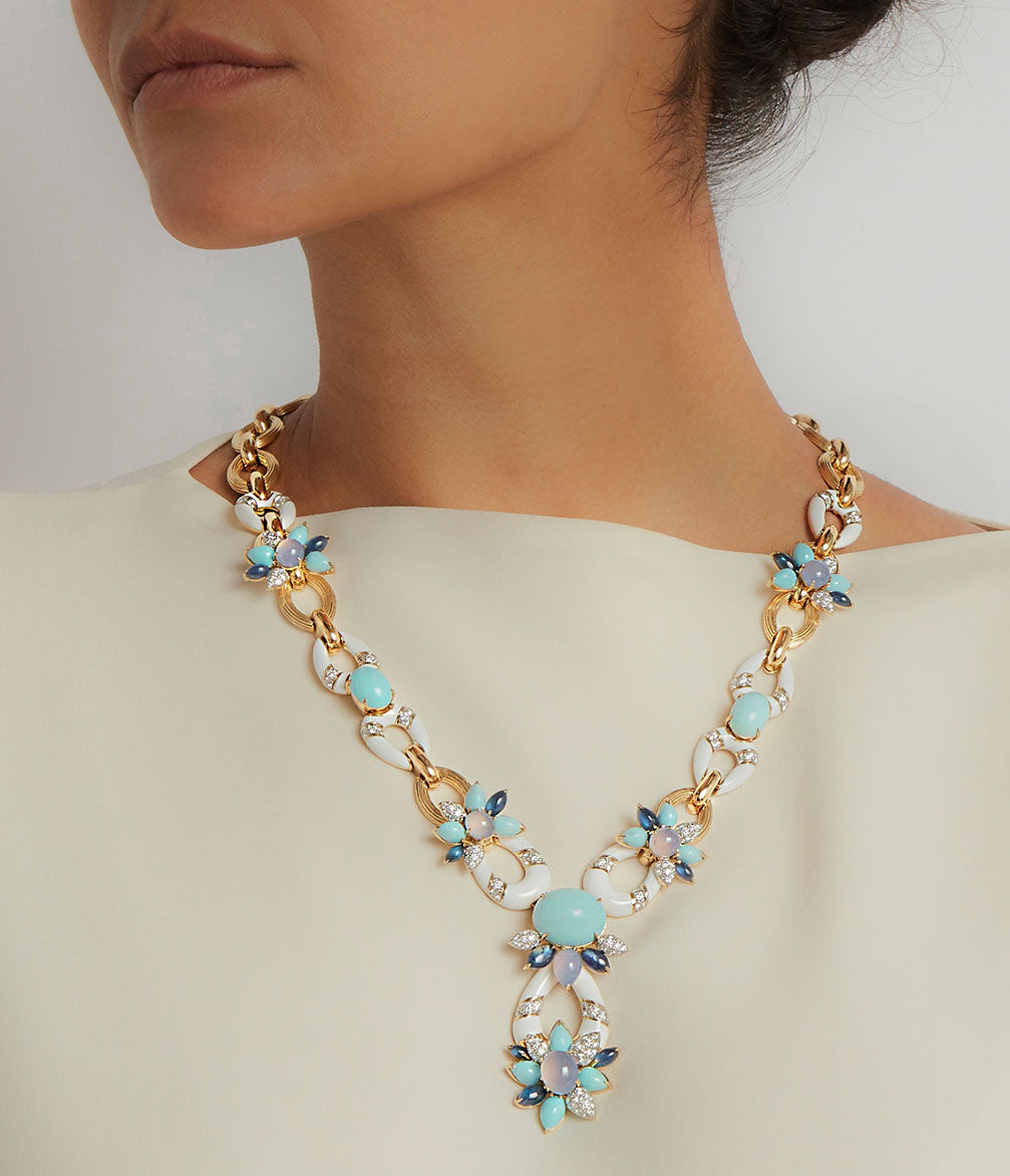 David Webb Workshop, Asheville Necklace, Hammered 18K Gold, Turquoise, Diamonds