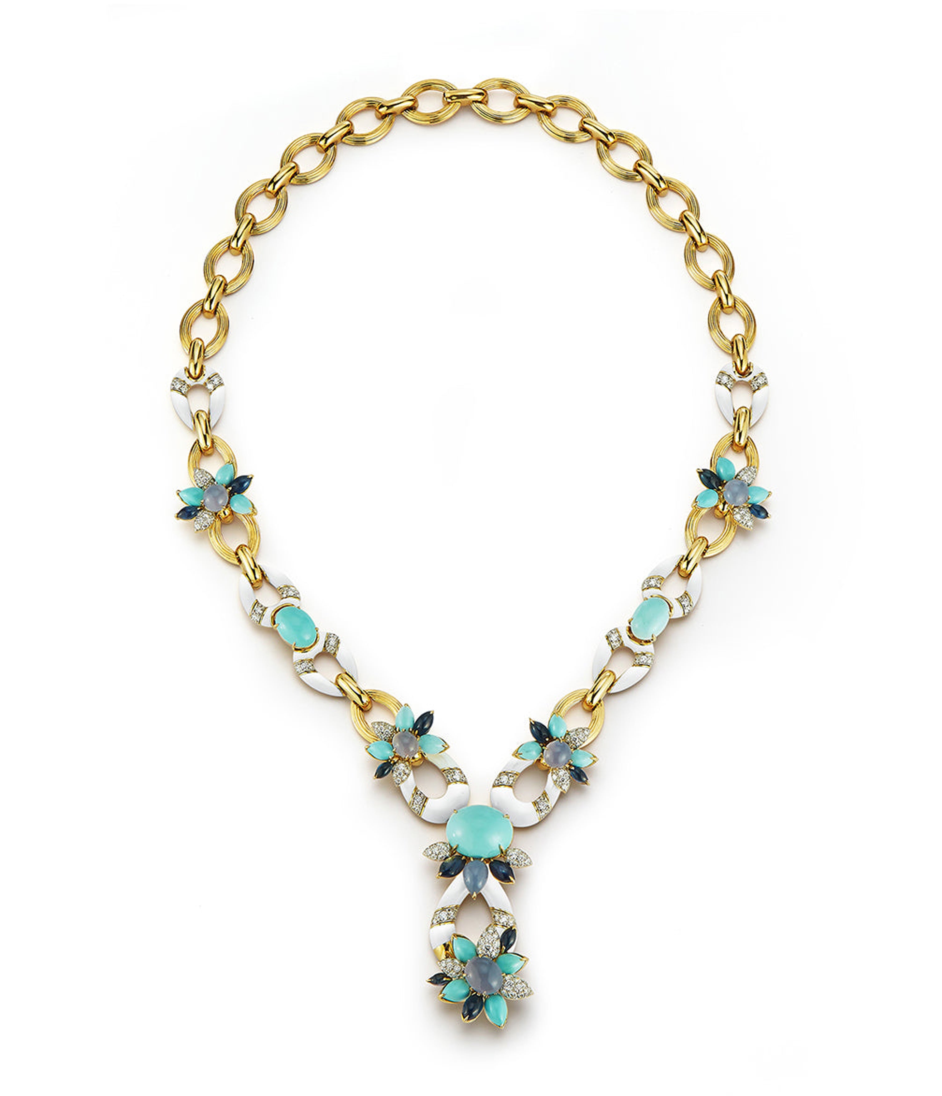 David Webb Workshop, Asheville Necklace, Hammered 18K Gold, Turquoise, Diamonds