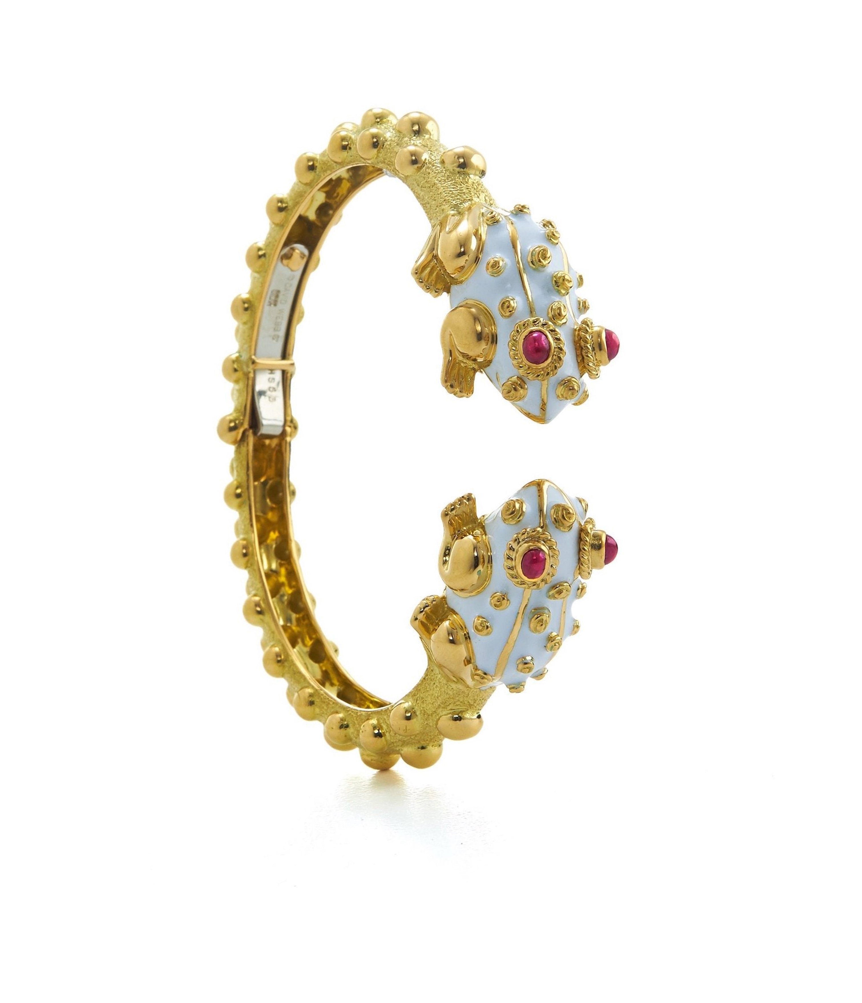 David Webb Workshop, Baby Frog Bangle, White Enamel, Ruby