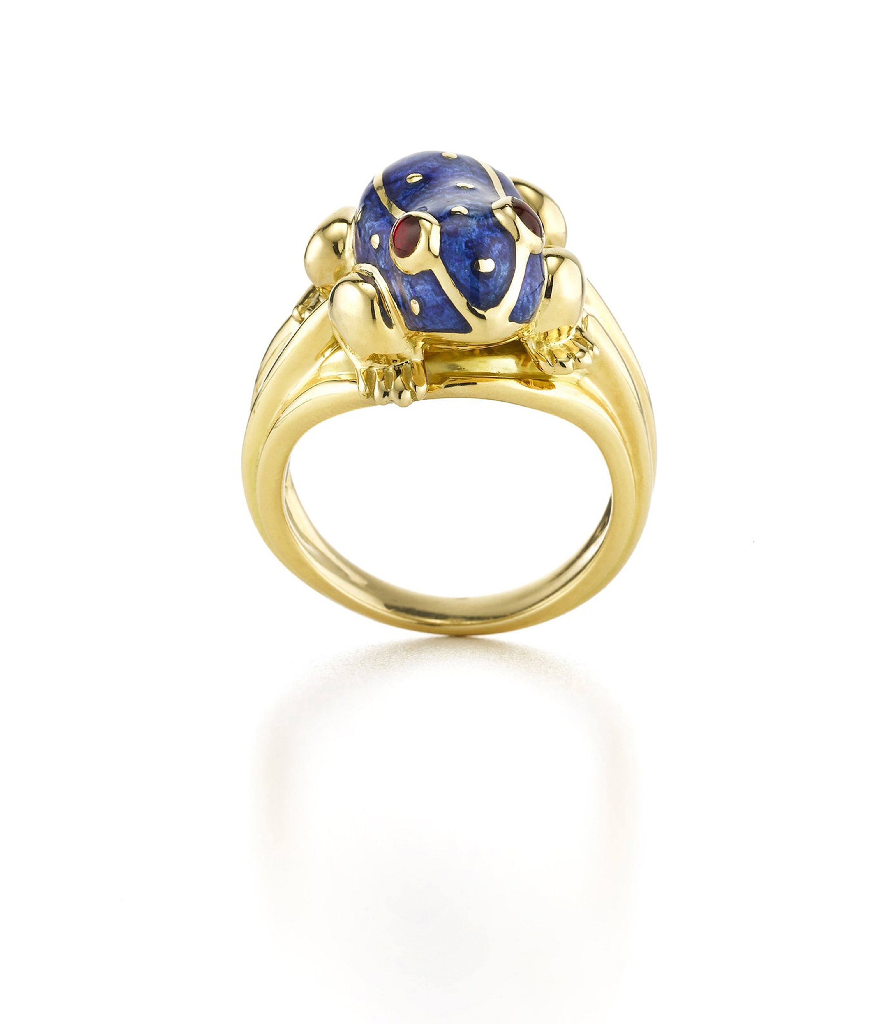 David Webb Workshop, Baby Frog Ring, Blue Enamel