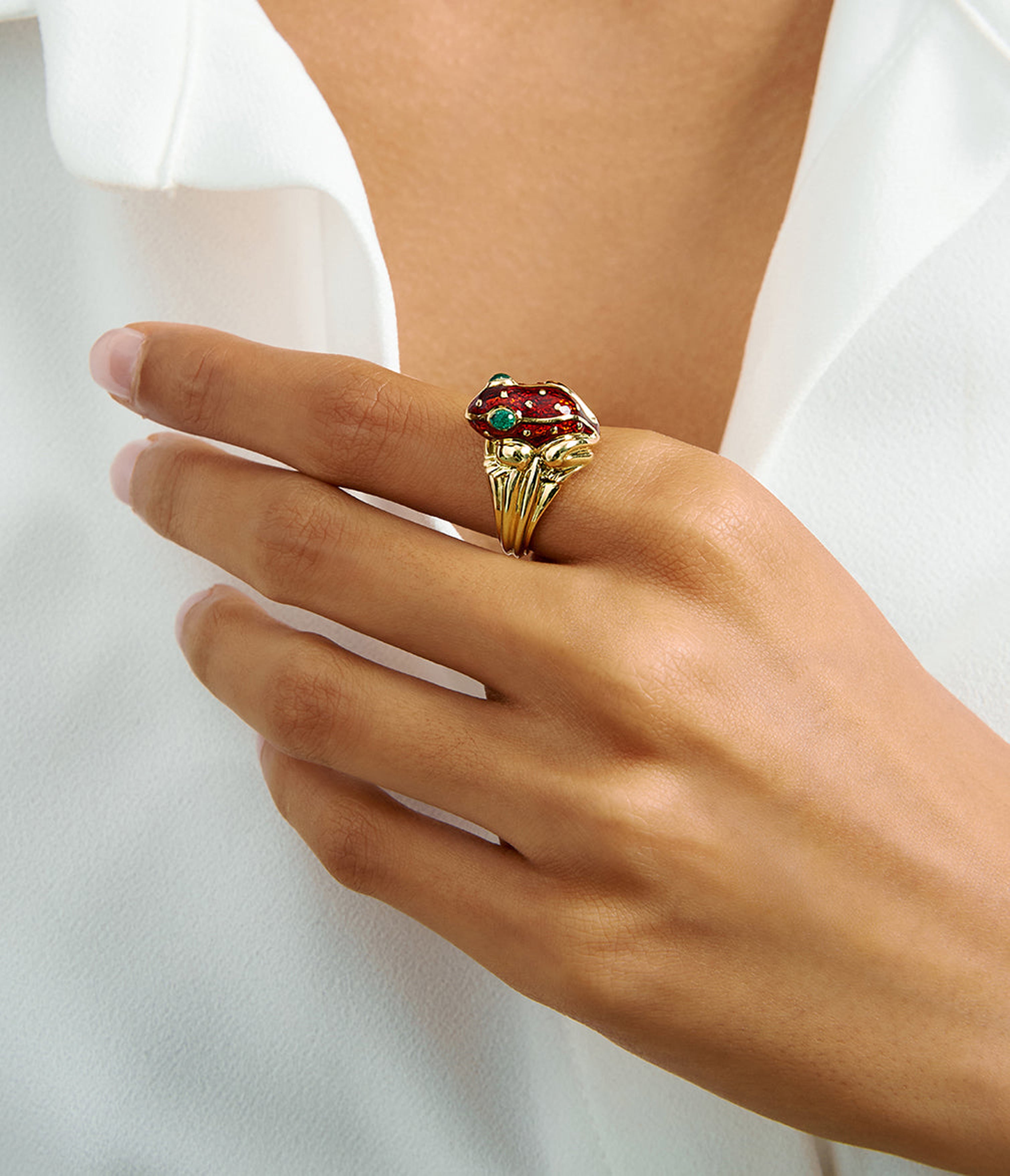 David Webb Workshop, Baby Frog Ring, Red Enamel