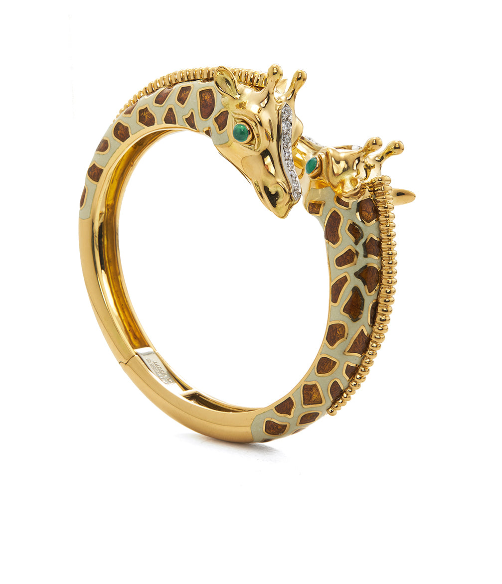 DAVID WEBB, Baby Giraffe Bangle, Brown Enamel with Emerald Eyes