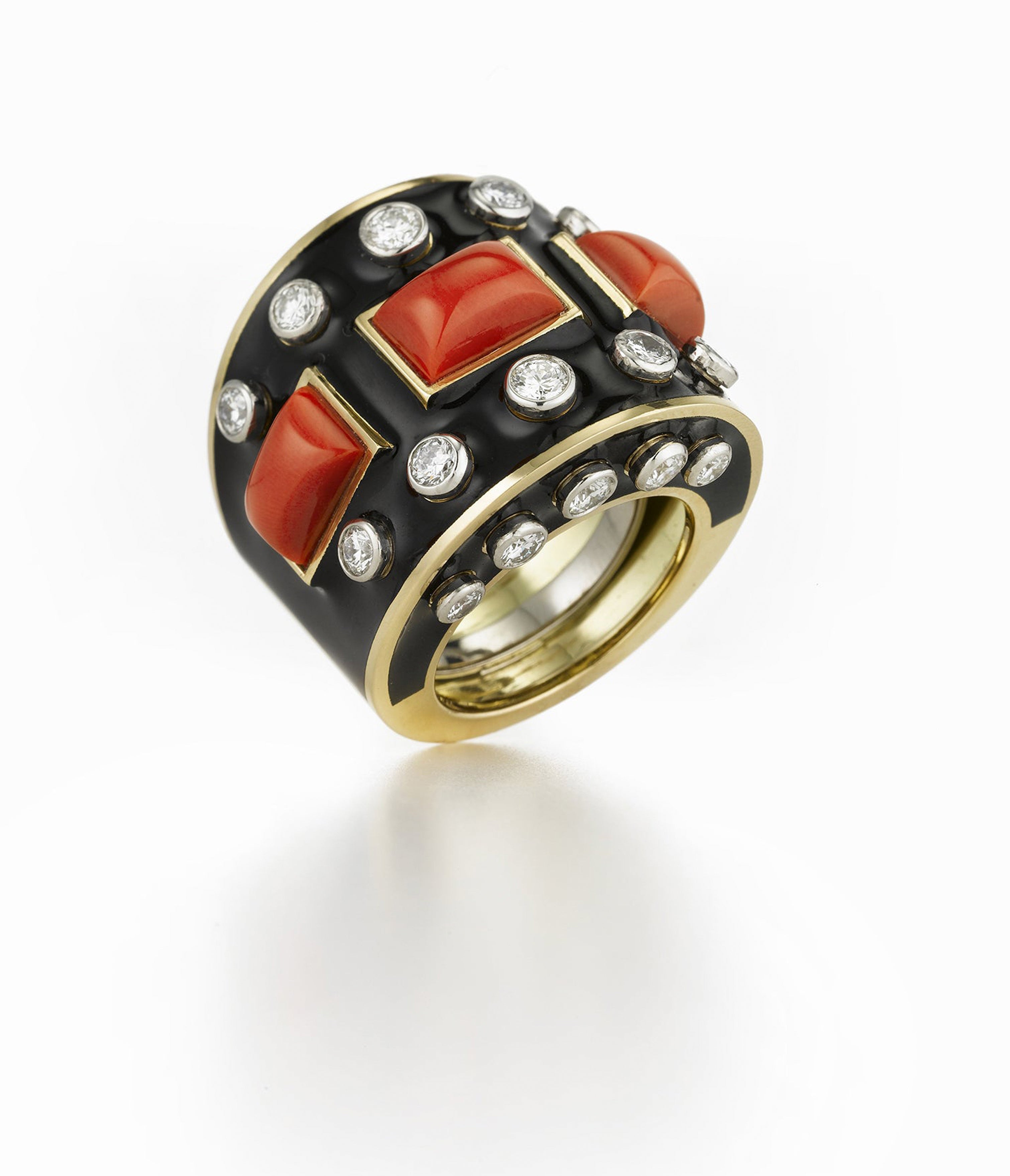 David Webb Workshop, Bastille Ring, Coral, Black Enamel