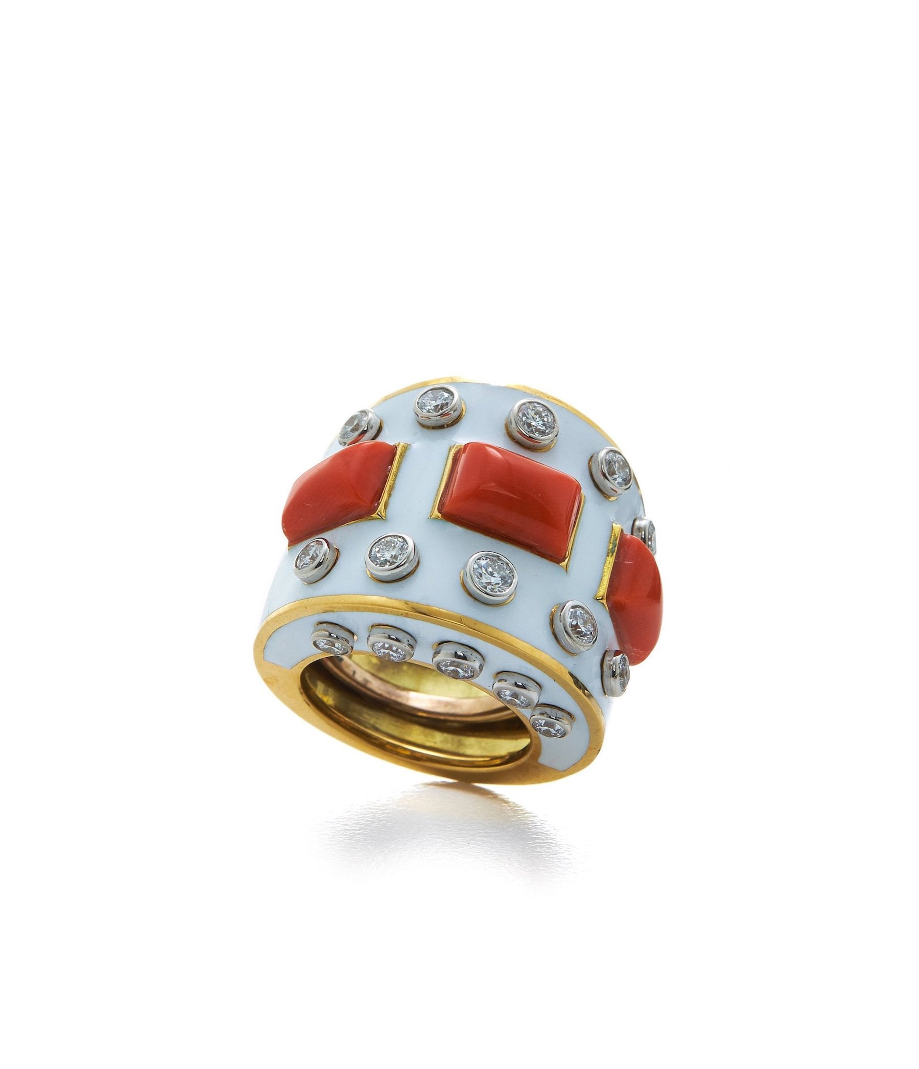 David Webb Workshop, Bastille Ring, Coral, White Enamel