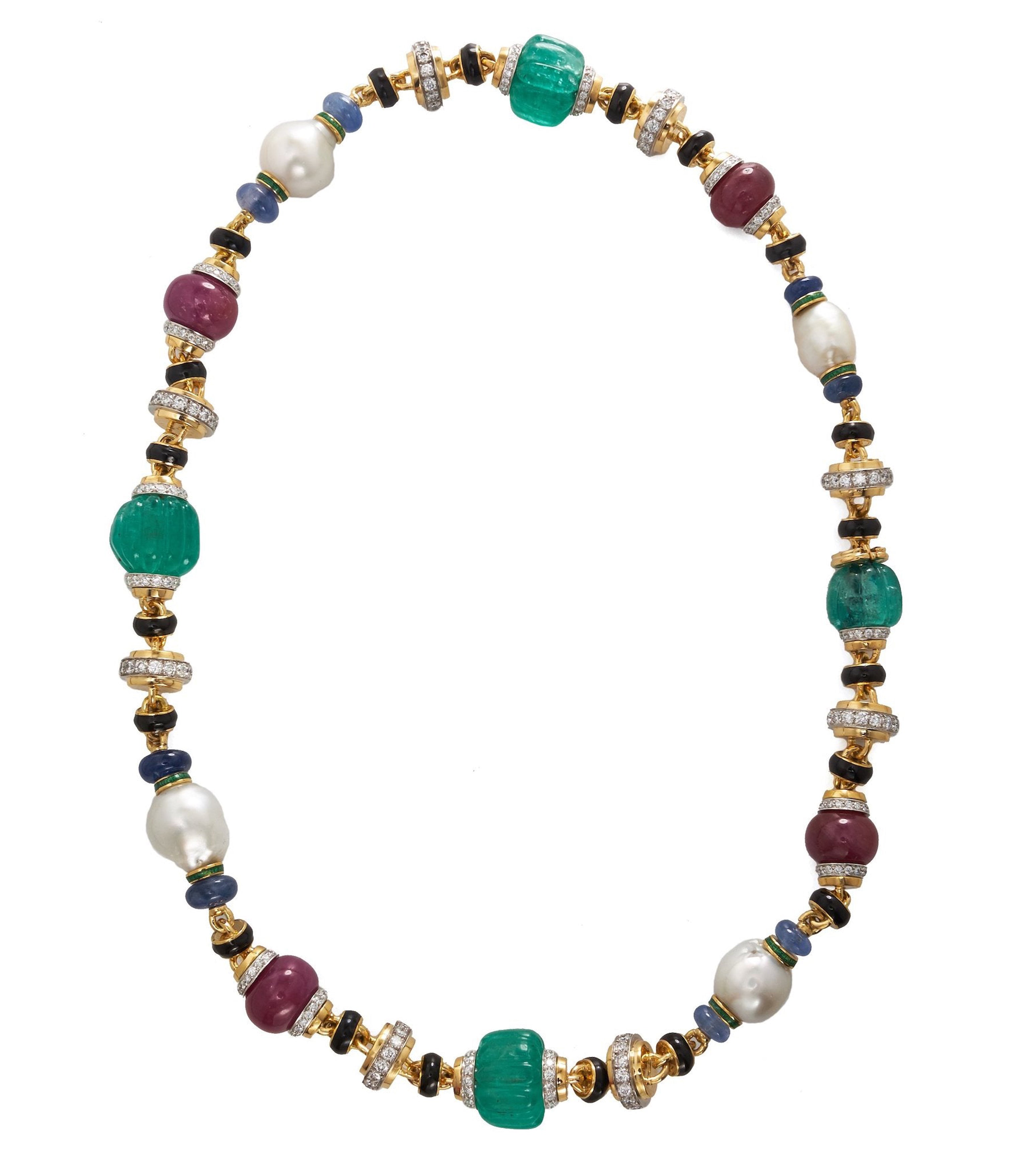 David Webb Workshop, Bead Necklace, Emerald, Ruby, Pearl