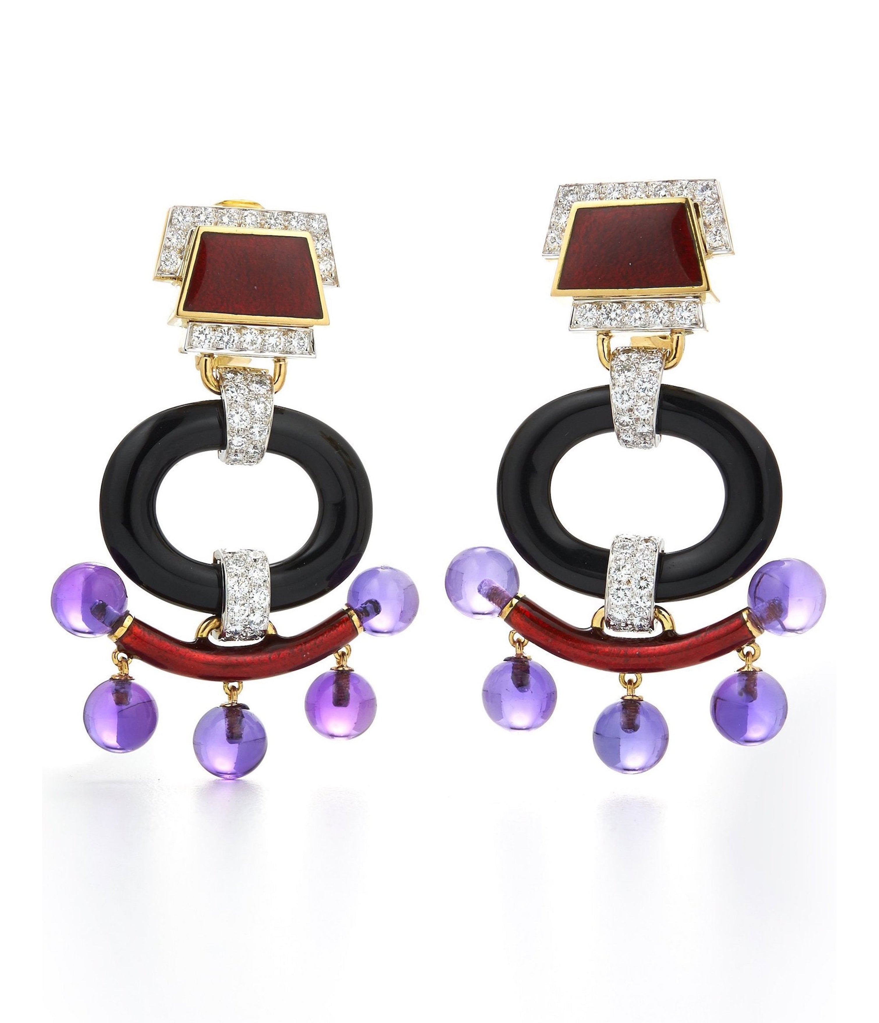 David Webb Workshop, Black Onyx Pagoda Earrings, Amethyst Beads