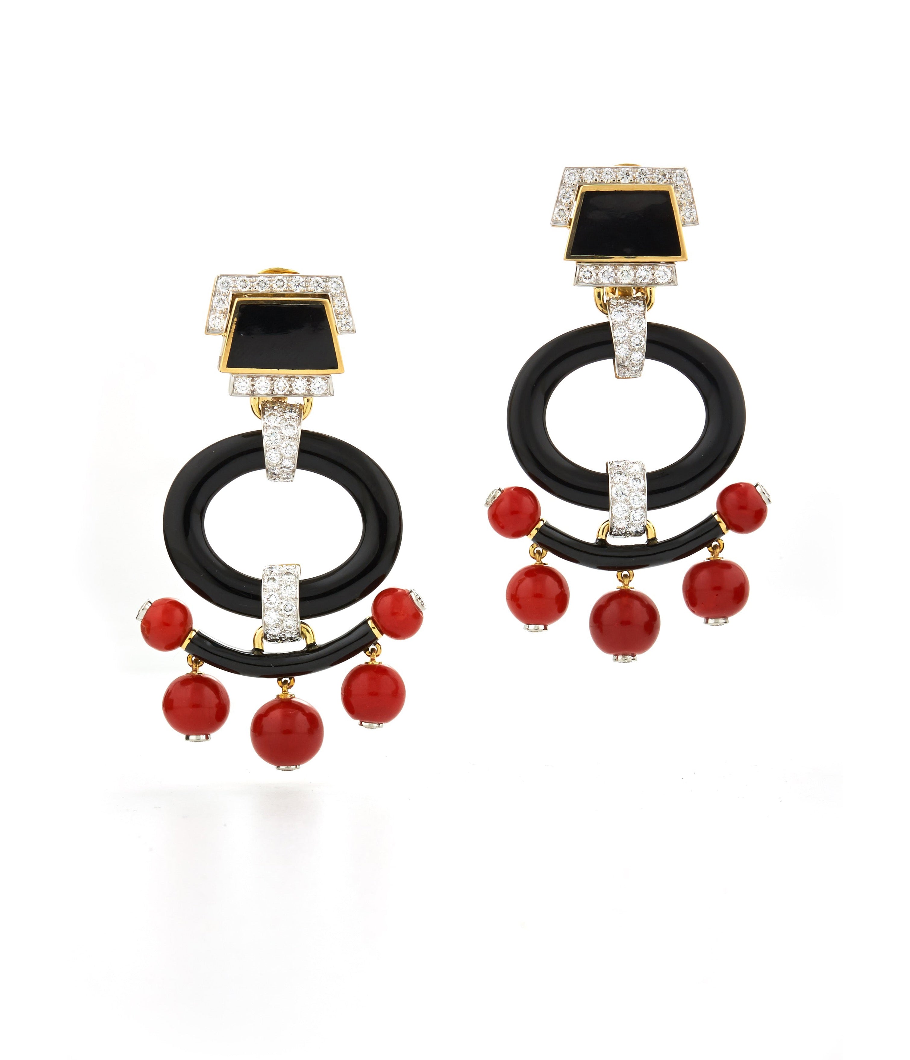 David Webb Workshop, Black Onyx Pagoda Earrings, Coral Beads