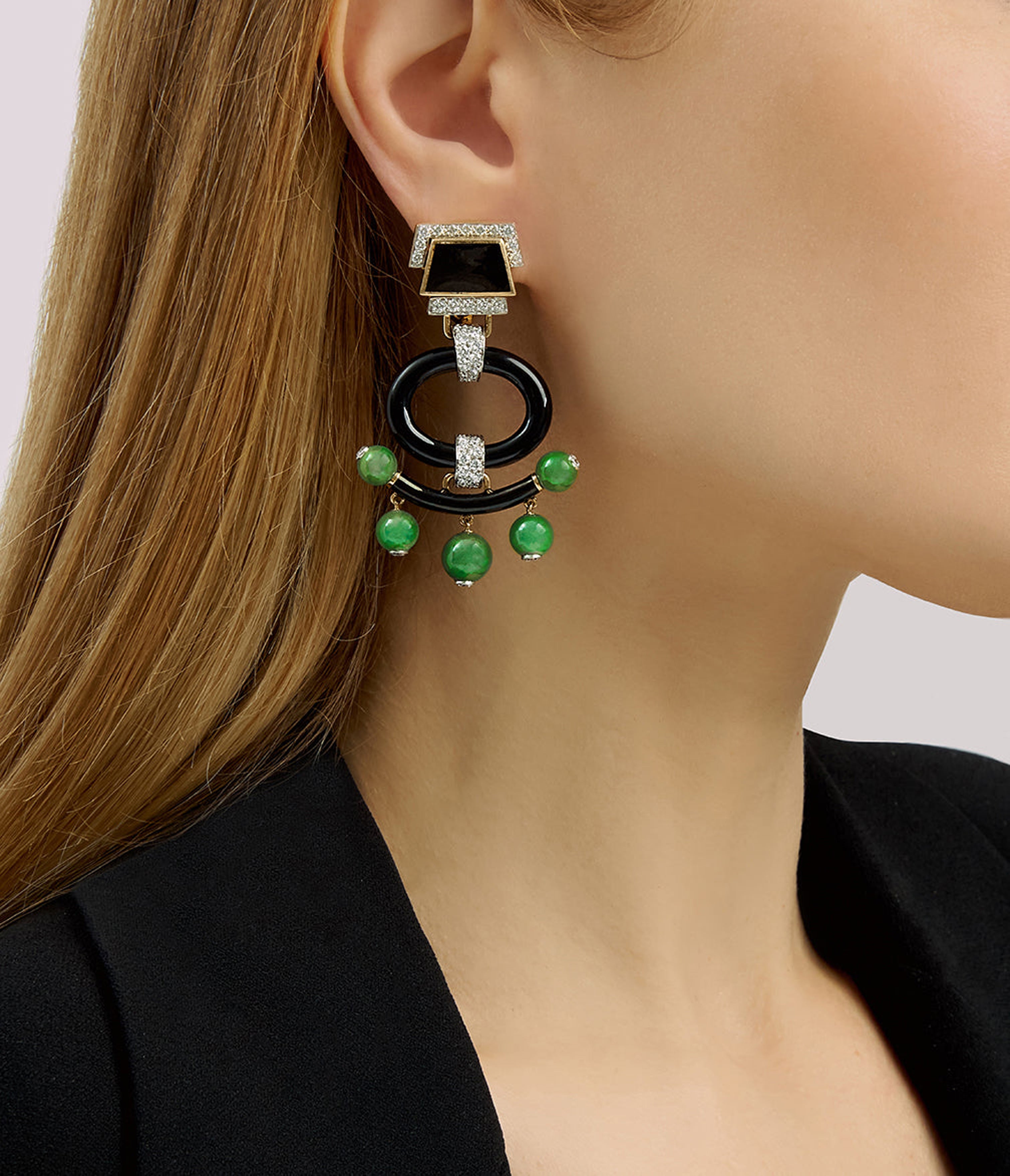 David Webb Workshop, Black Onyx Pagoda Earrings, Jade Beads