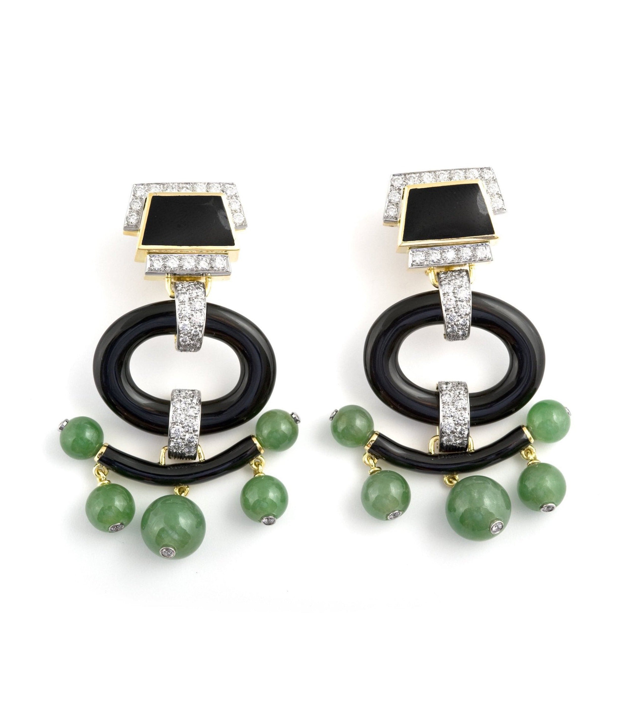 David Webb Workshop, Black Onyx Pagoda Earrings, Jade Beads