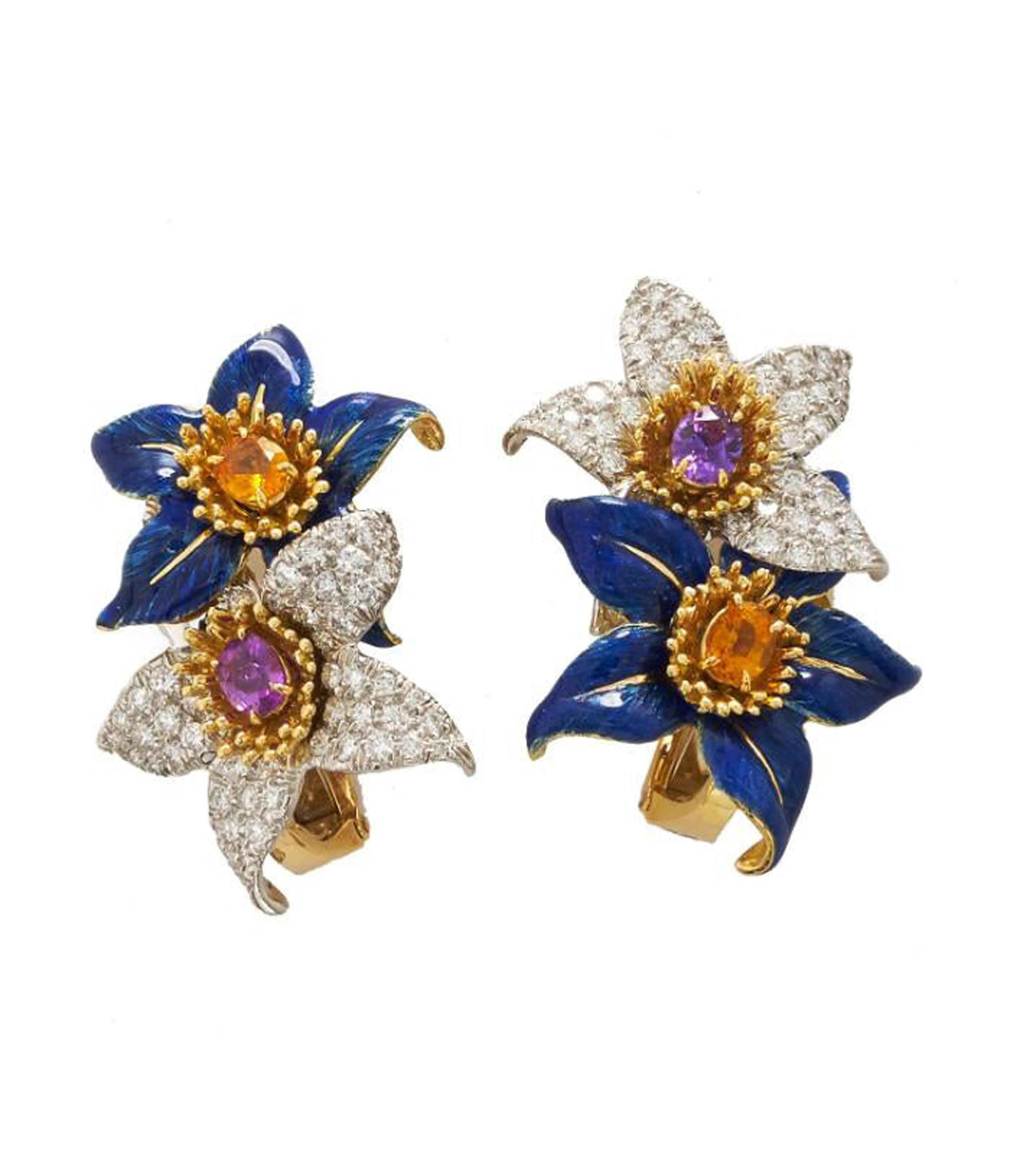 DAVID WEBB, Bloom Earrings, Blue Enamel