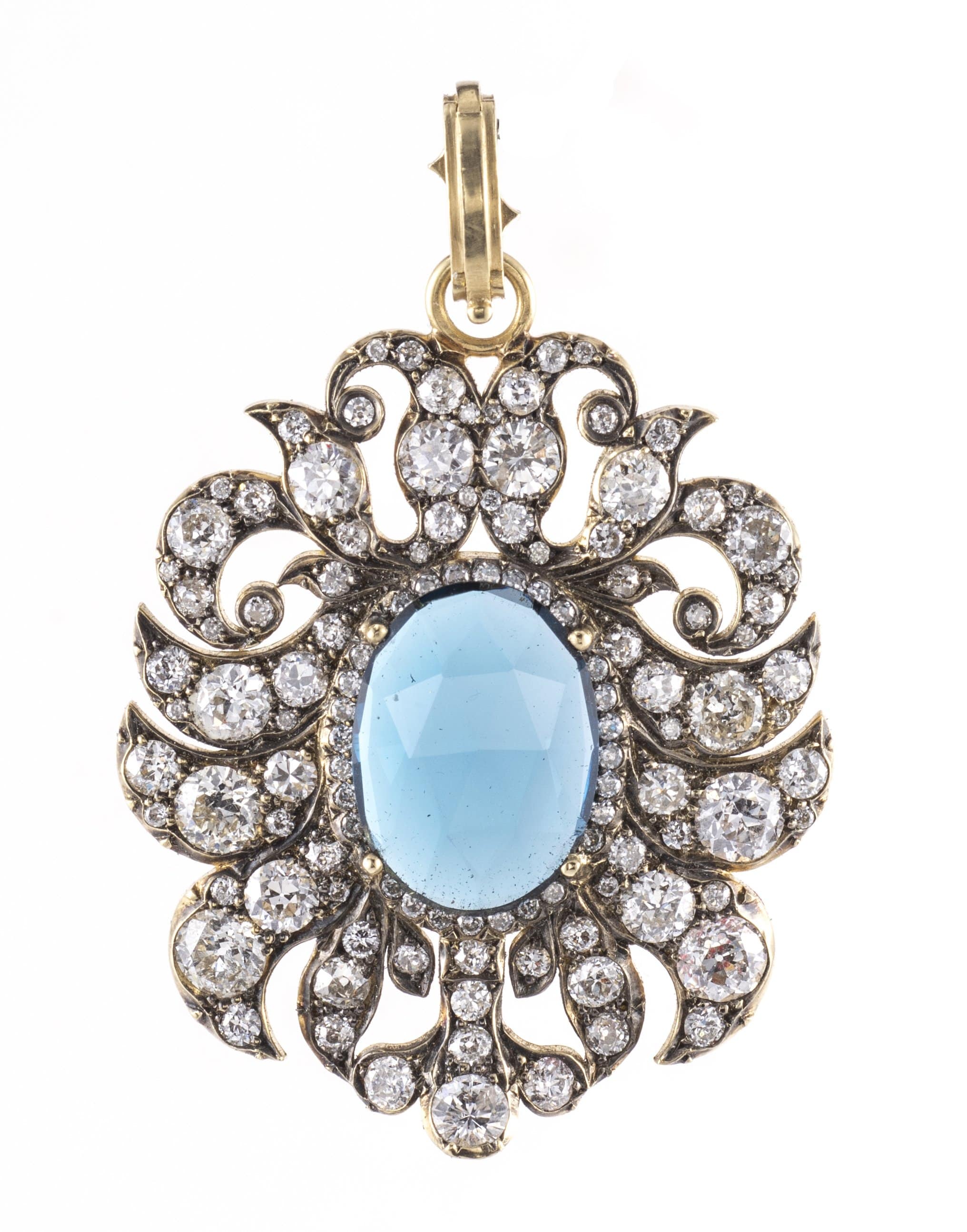 SYLVA & CIE, Blue Topaz and Old Euro Diamond Pendant