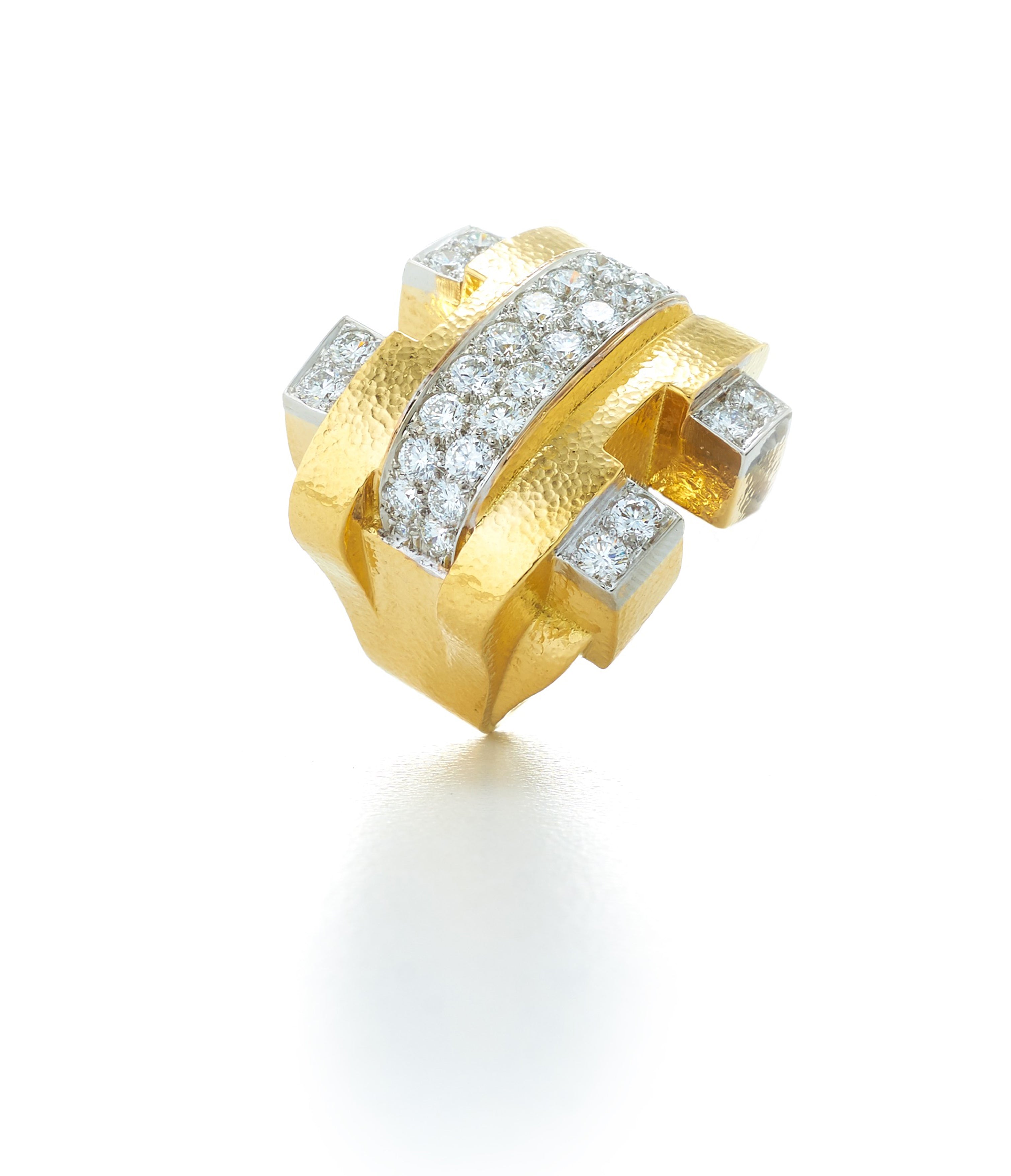 David Webb Workshop, Bridge Ring, Diamonds, Hammered 18K Gold