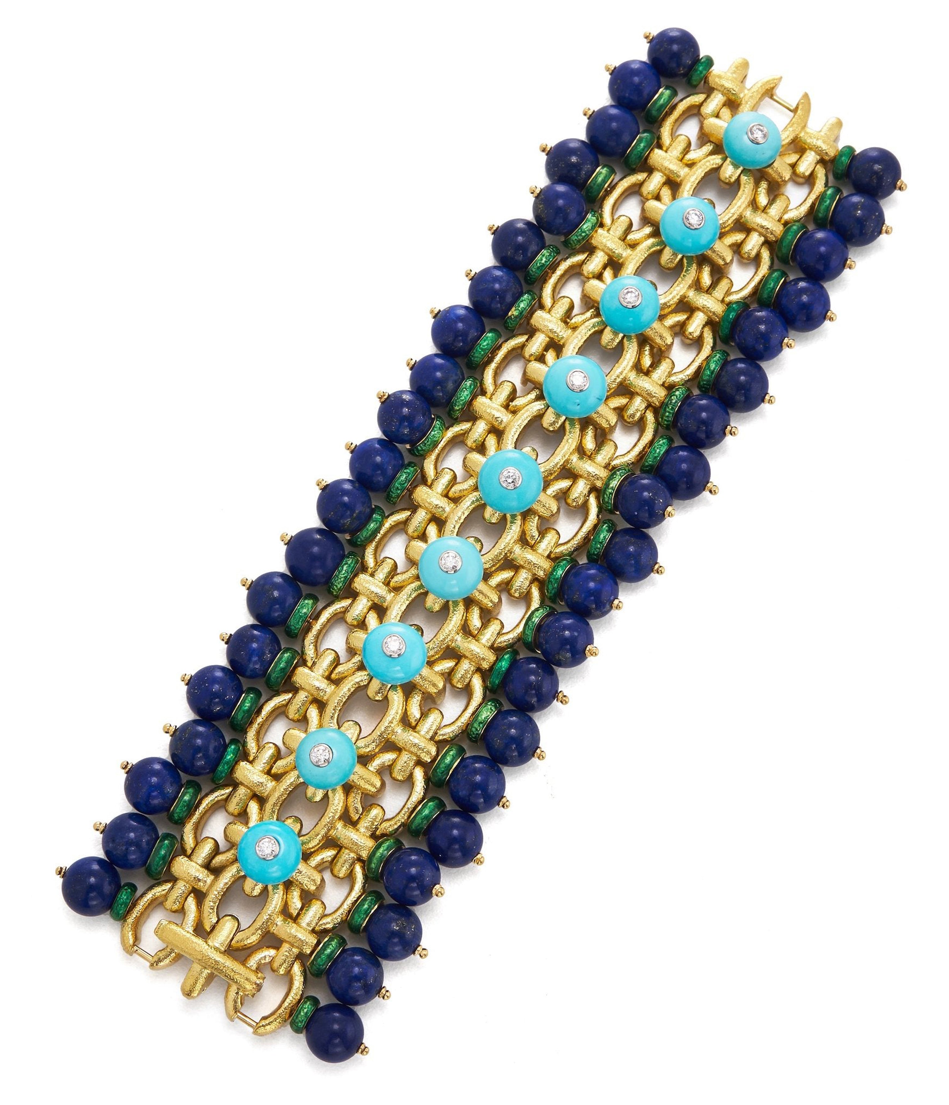 David Webb Workshop, Brocade Bracelet, Diamonds, Turquoise, Lapis Lazuli