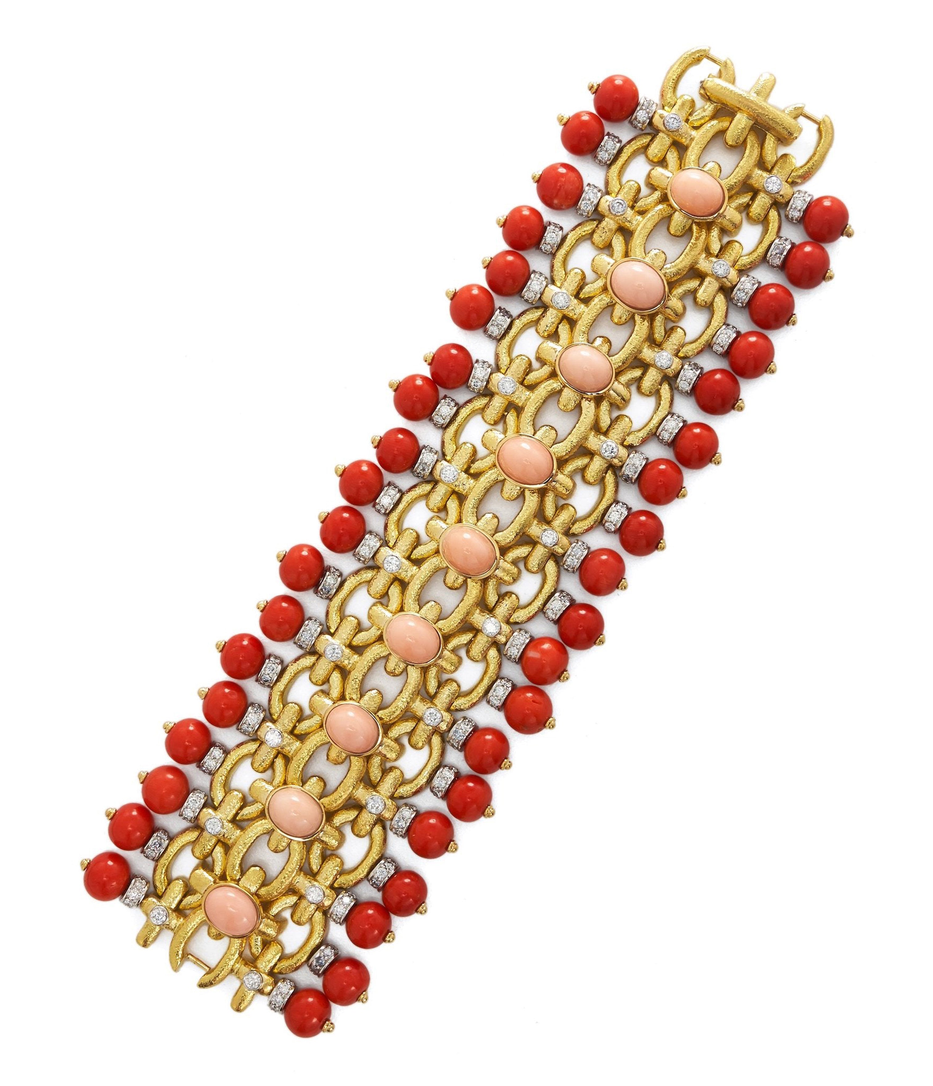 DAVID WEBB, Brocade Bracelet, Hammered 18K Gold, Diamonds, Coral