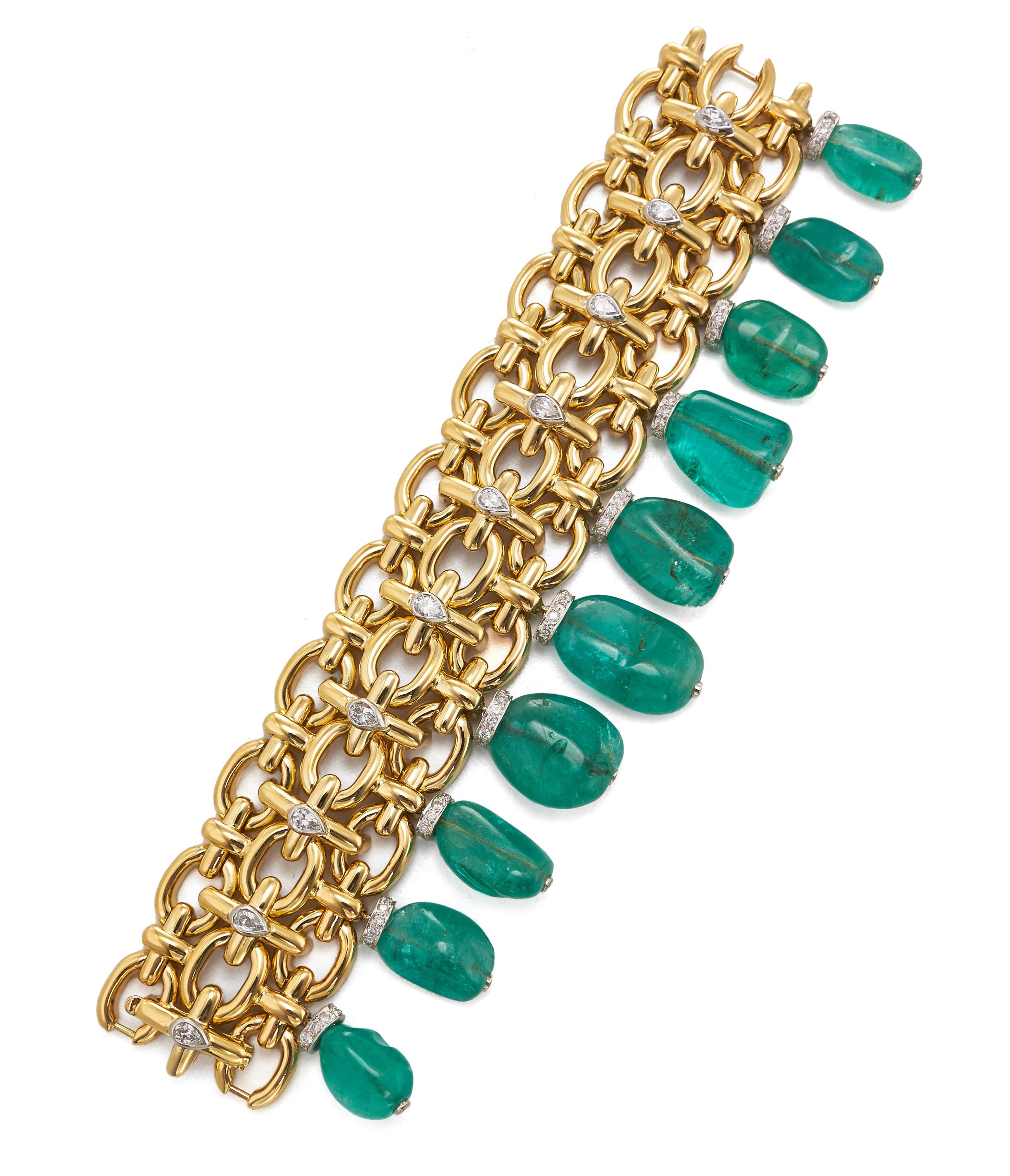 David Webb Workshop, Brocade Bracelet, Hammered 18K Gold, Diamonds, Emerald