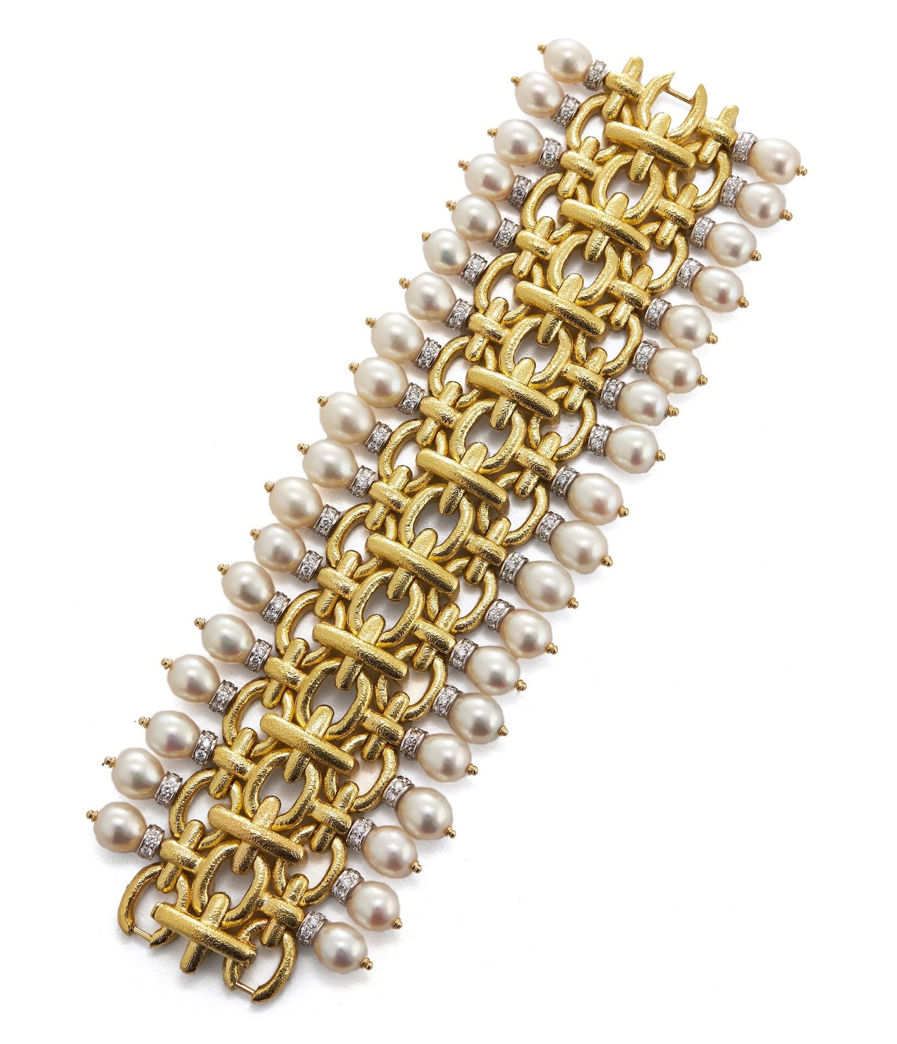 David Webb Workshop, Brocade Bracelet, Hammered 18K Gold, Diamonds, Pearls