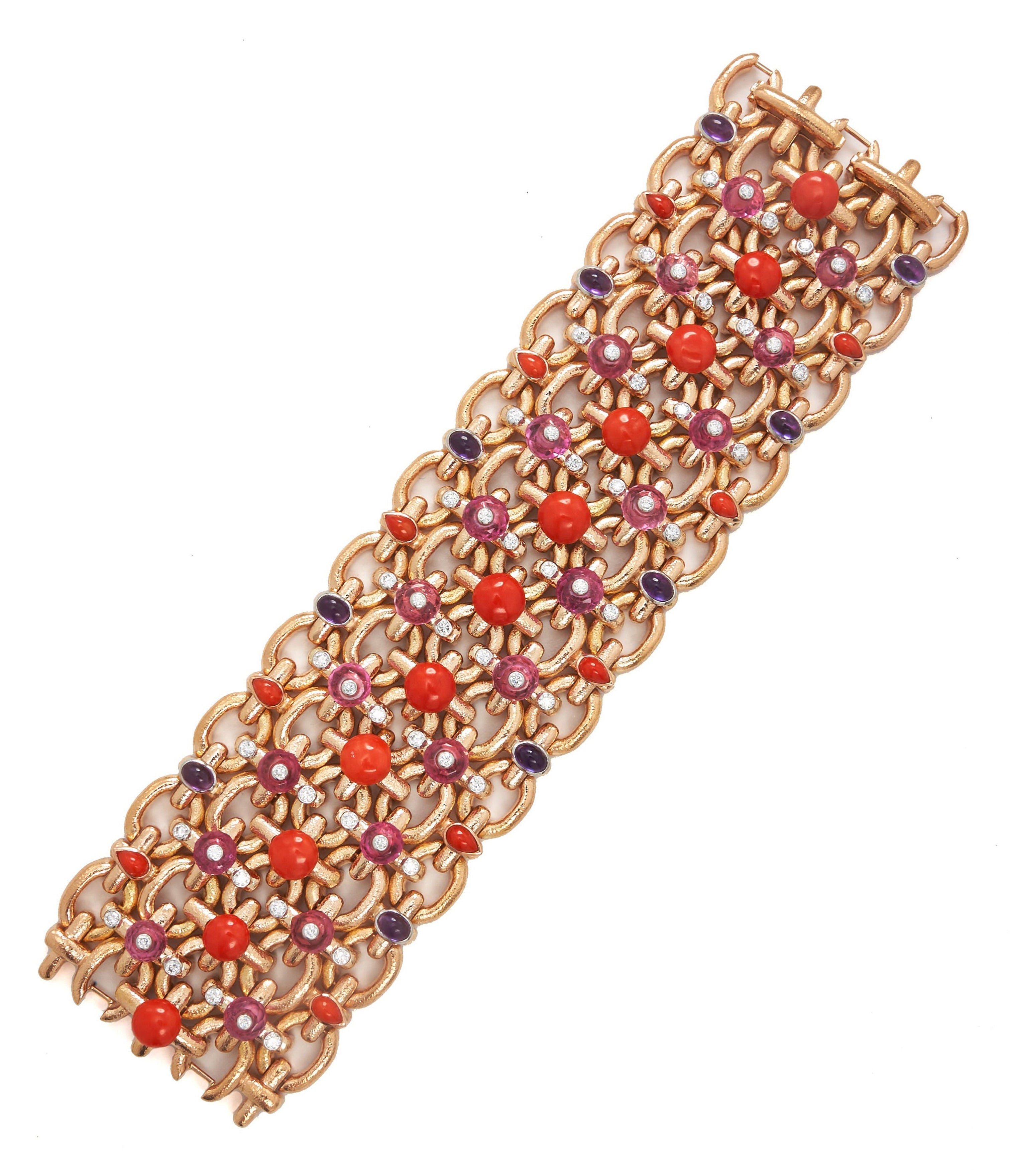 David Webb Workshop, Brocade Bracelet, Hammered 18K Rose Gold, Pink Tourmaline, Coral