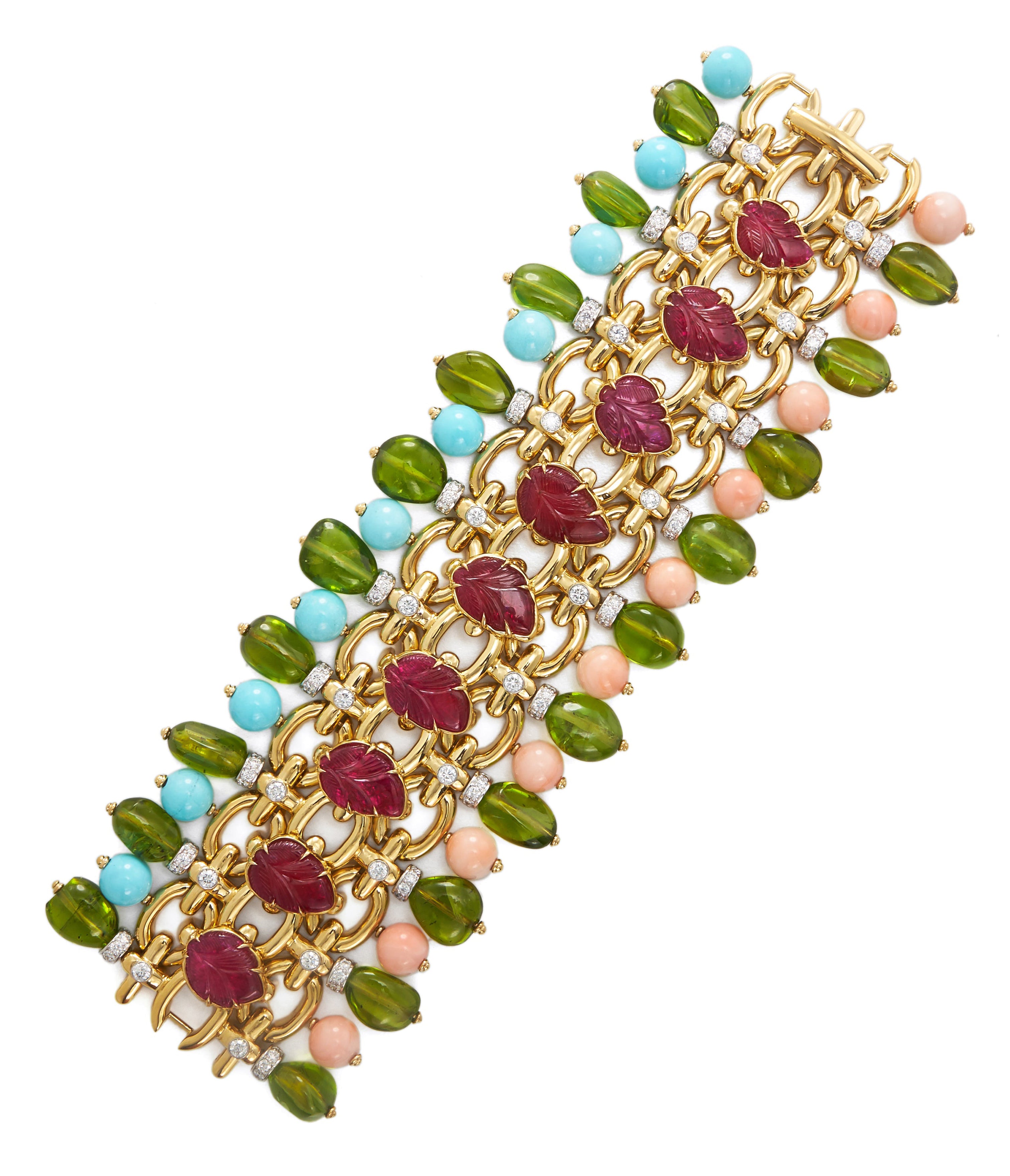 David Webb Workshop, Brocade Bracelet, Ruby, Peridot, Turquoise, Coral