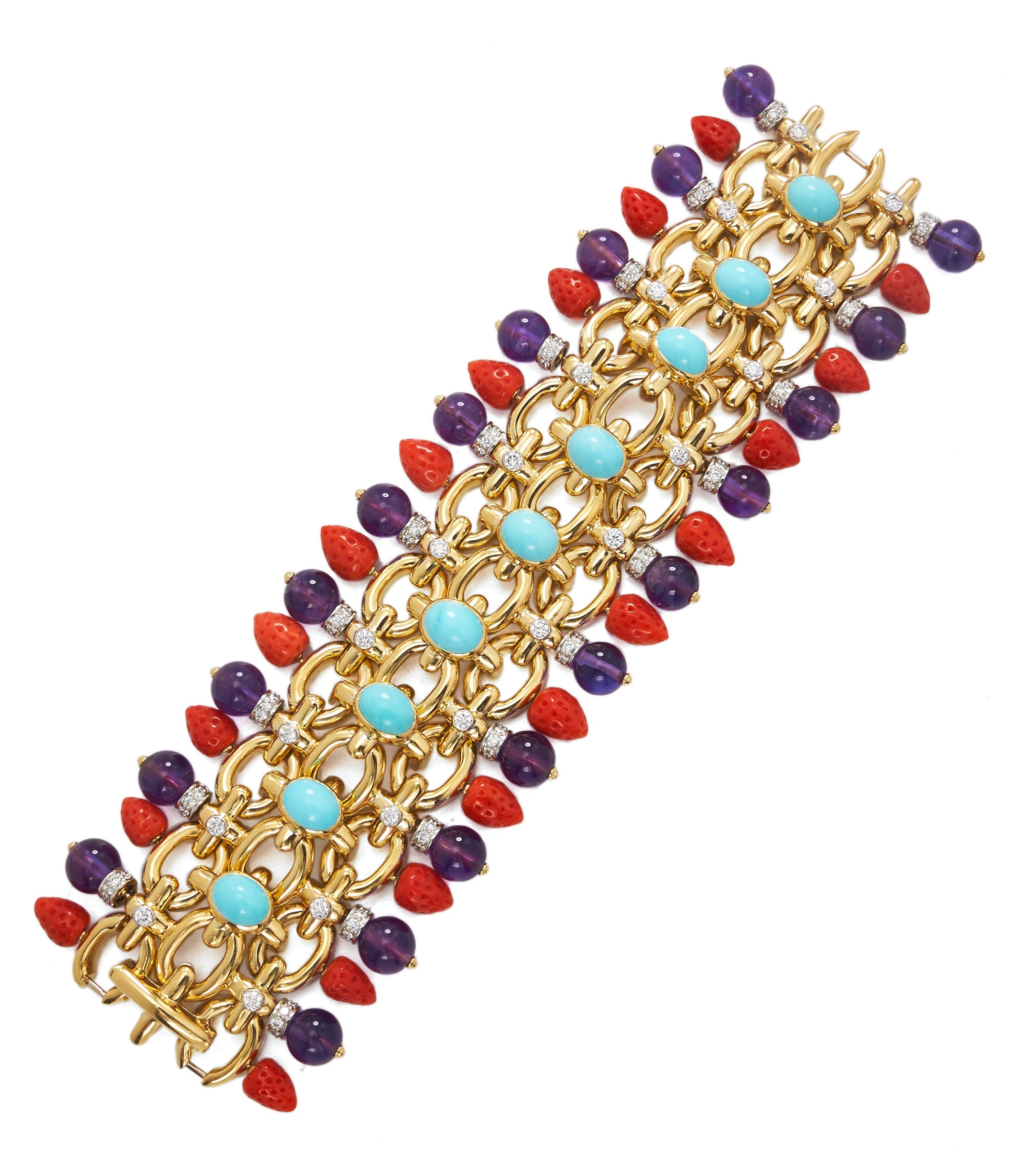 David Webb Workshop, Brocade Bracelet, Turquoise, Coral, Amethyst