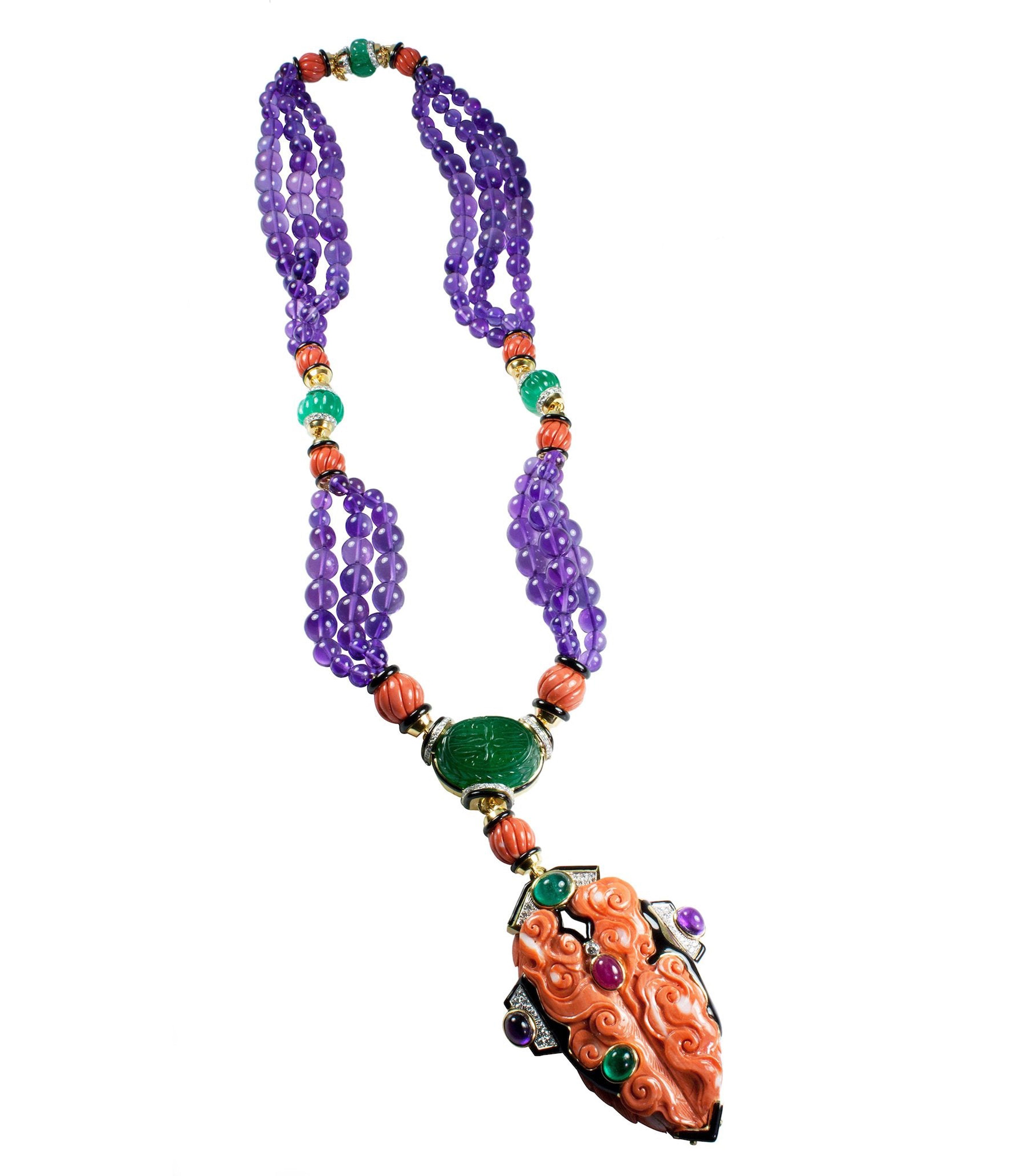 David Webb Workshop, Carved Coral Multi-Strand Necklace