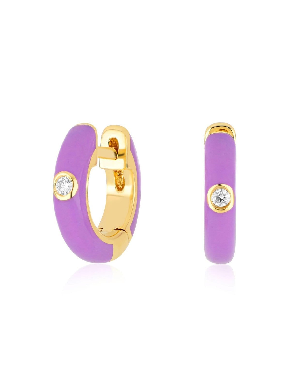 EF COLLECTION, Diamond Lavendar Enamel Huggie Earrings