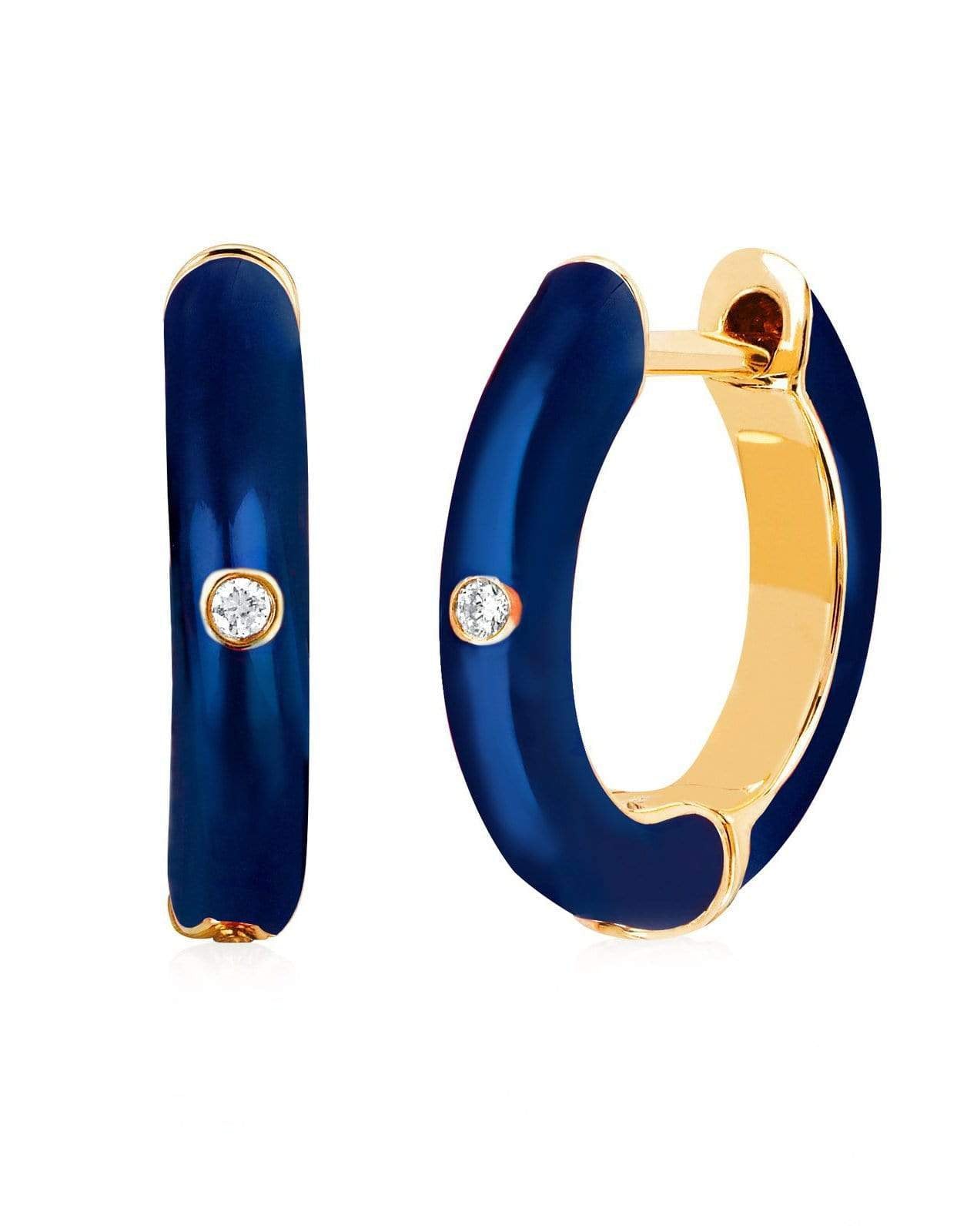 EF COLLECTION, Diamond Navy Enamel Huggie Earrings