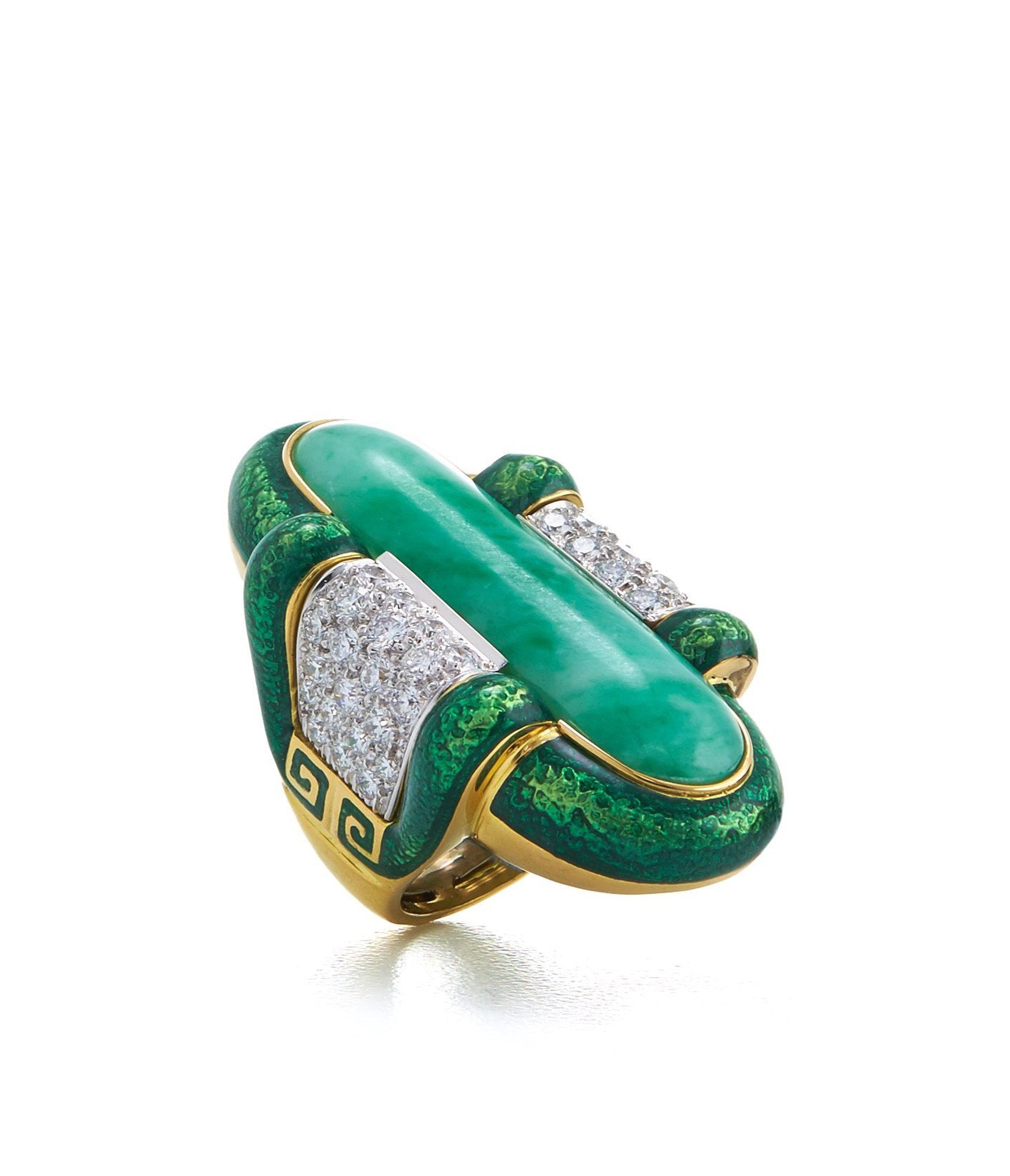 David Webb Workshop, Dinner Ring, Jade, Green Enamel