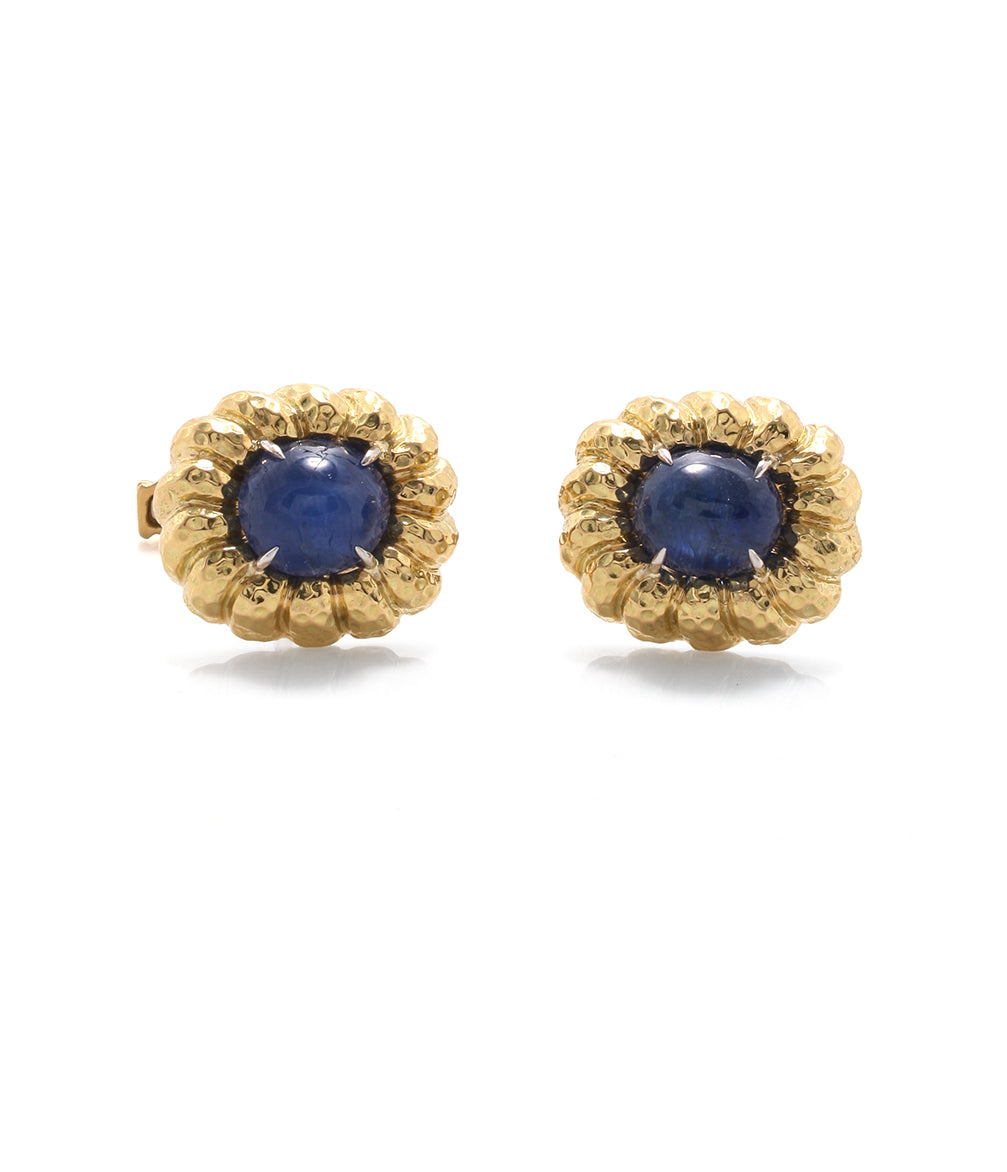 DAVID WEBB, Fluted Gold Framed Cuff Links, Sapphire