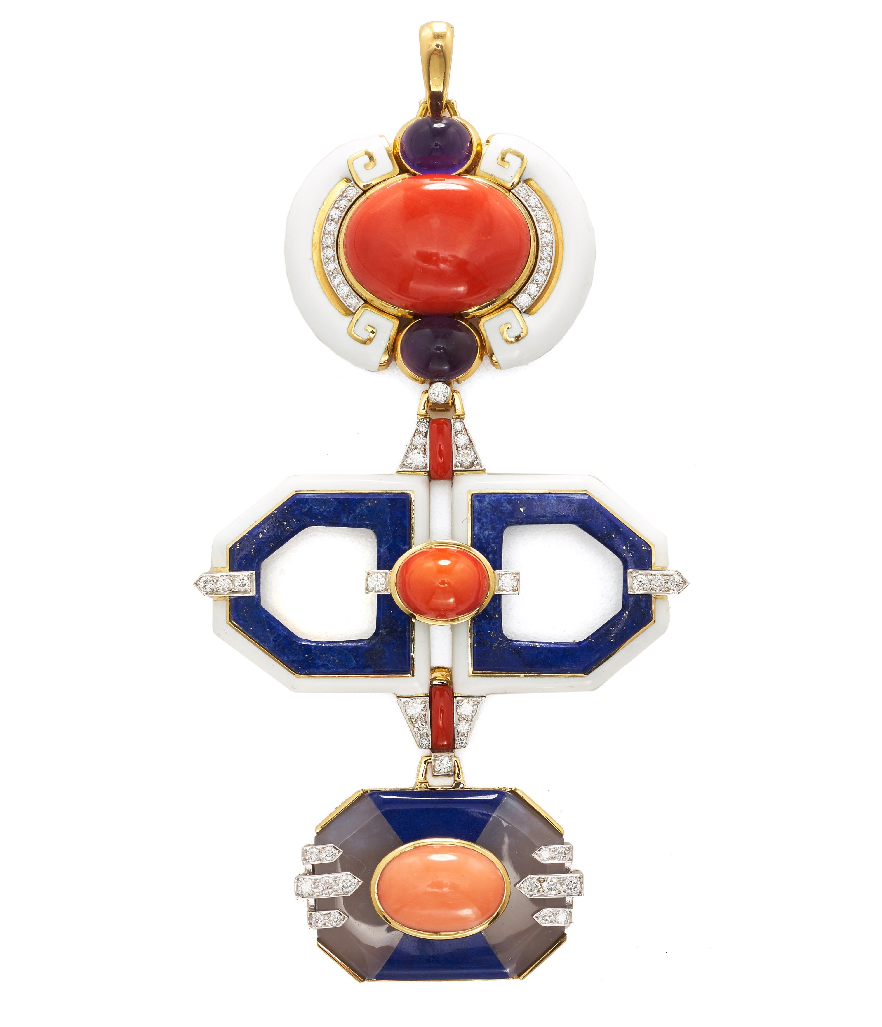 David Webb Workshop, Totem Pendant, Coral, Lapis Lazuli, Chalcedony