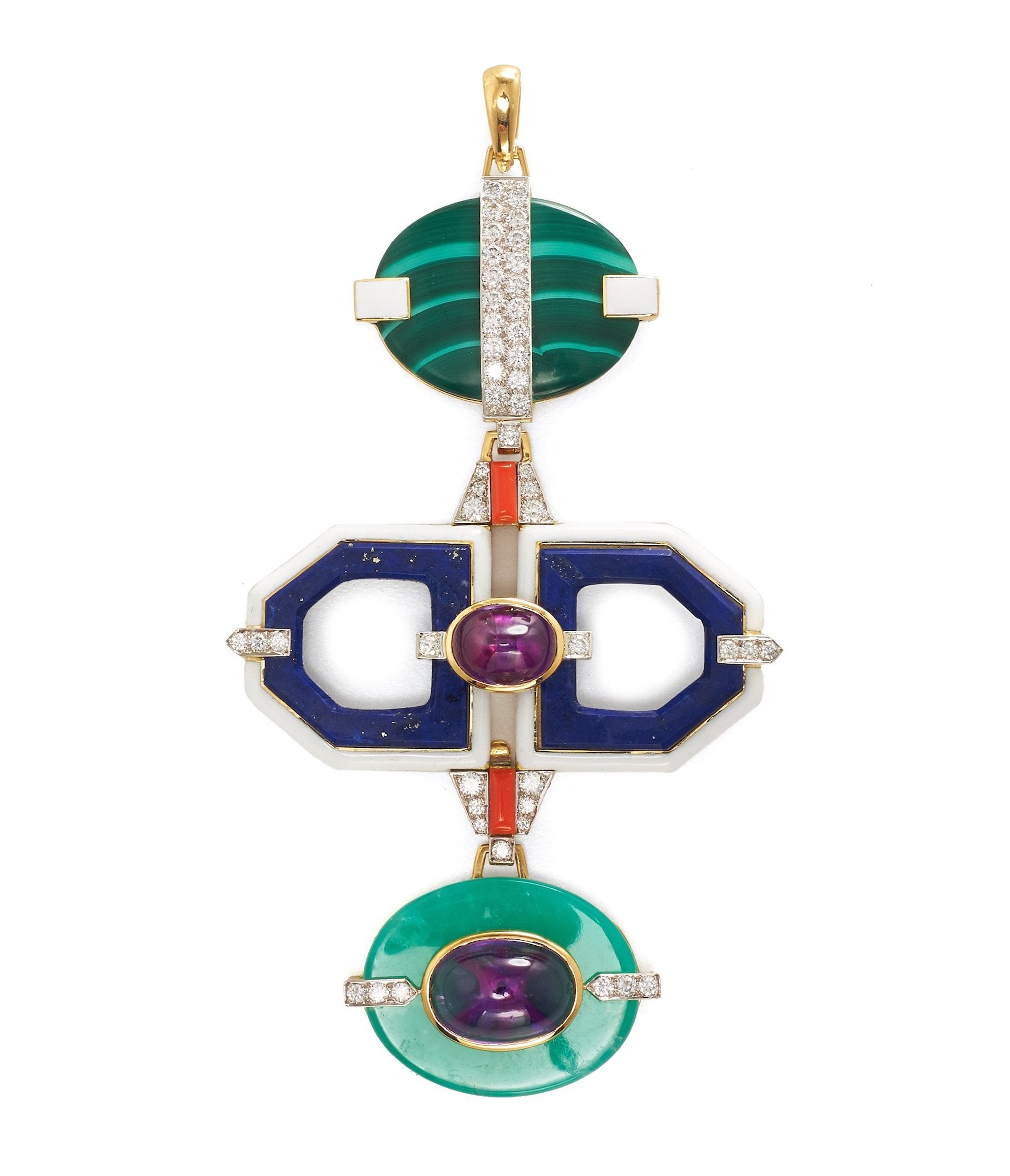 DAVID WEBB, Totem Pendant, Malachite, Lapis Lazuli, Chrysoprase