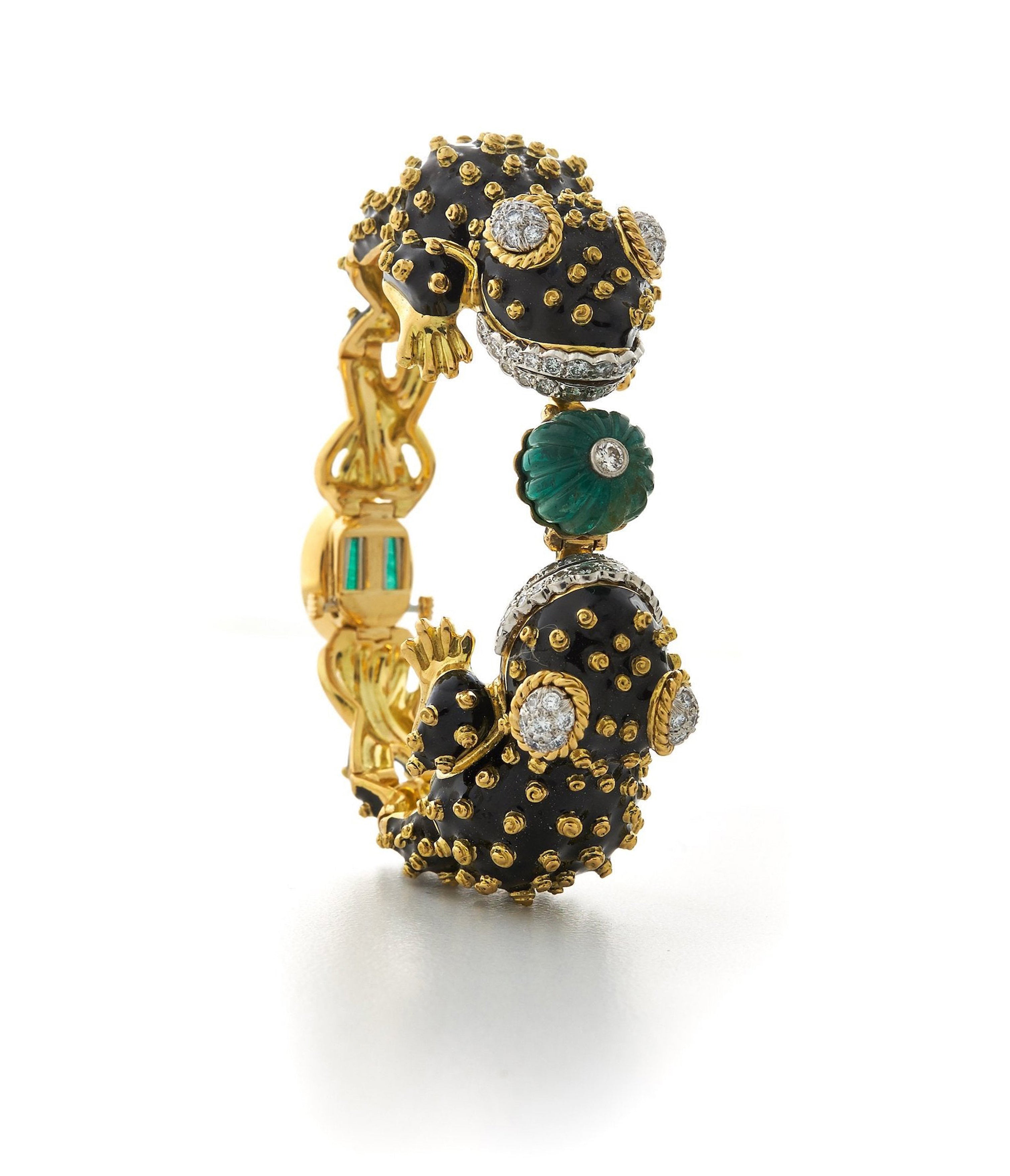 David Webb Workshop, Twin Frog Bracelet, Black Enamel, Emerald