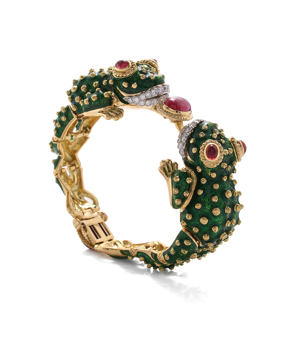 David Webb Workshop, Twin Frog Bracelet, Green Enamel, Ruby