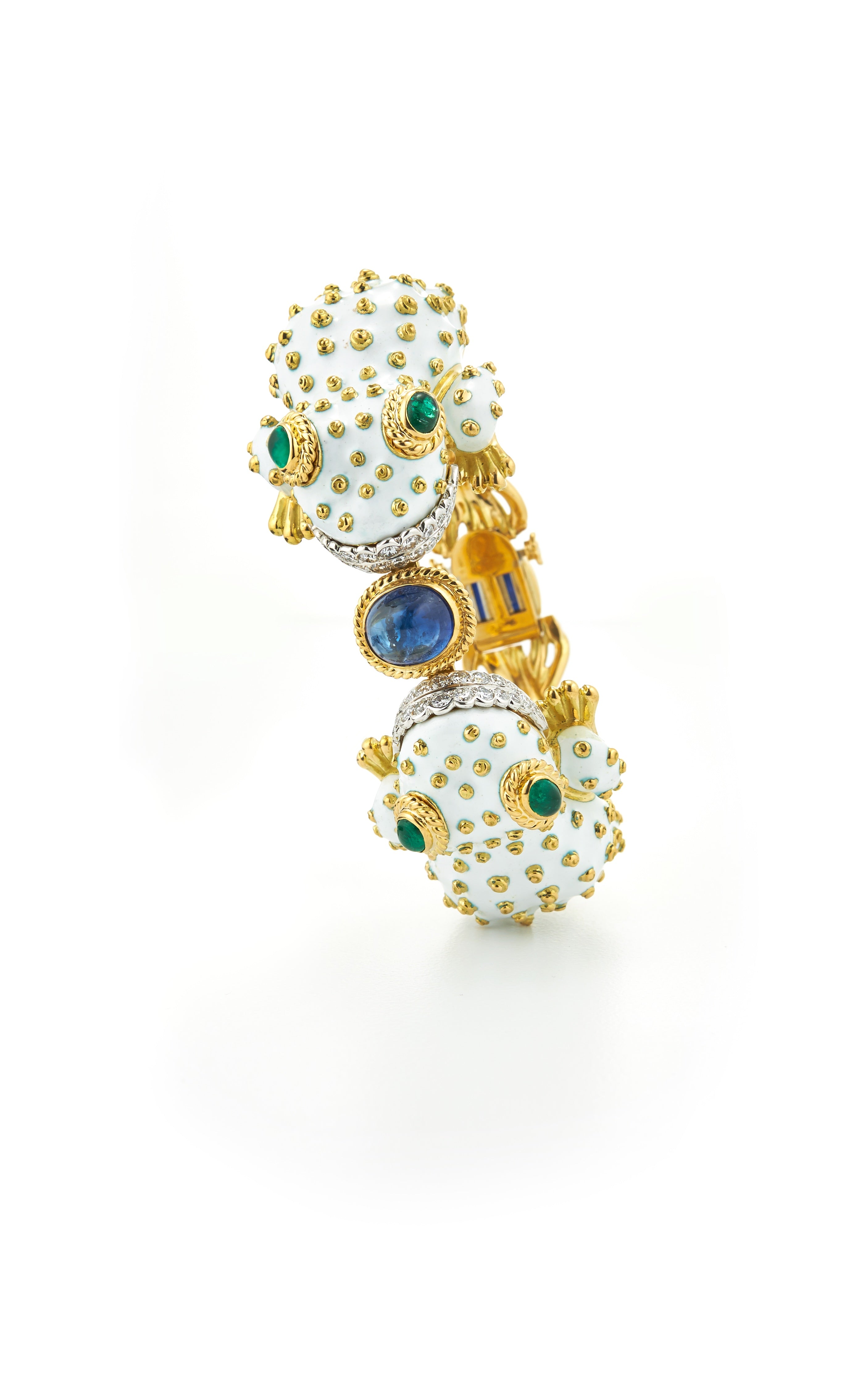 David Webb Workshop, Twin Frog Bracelet, White Enamel, Sapphire