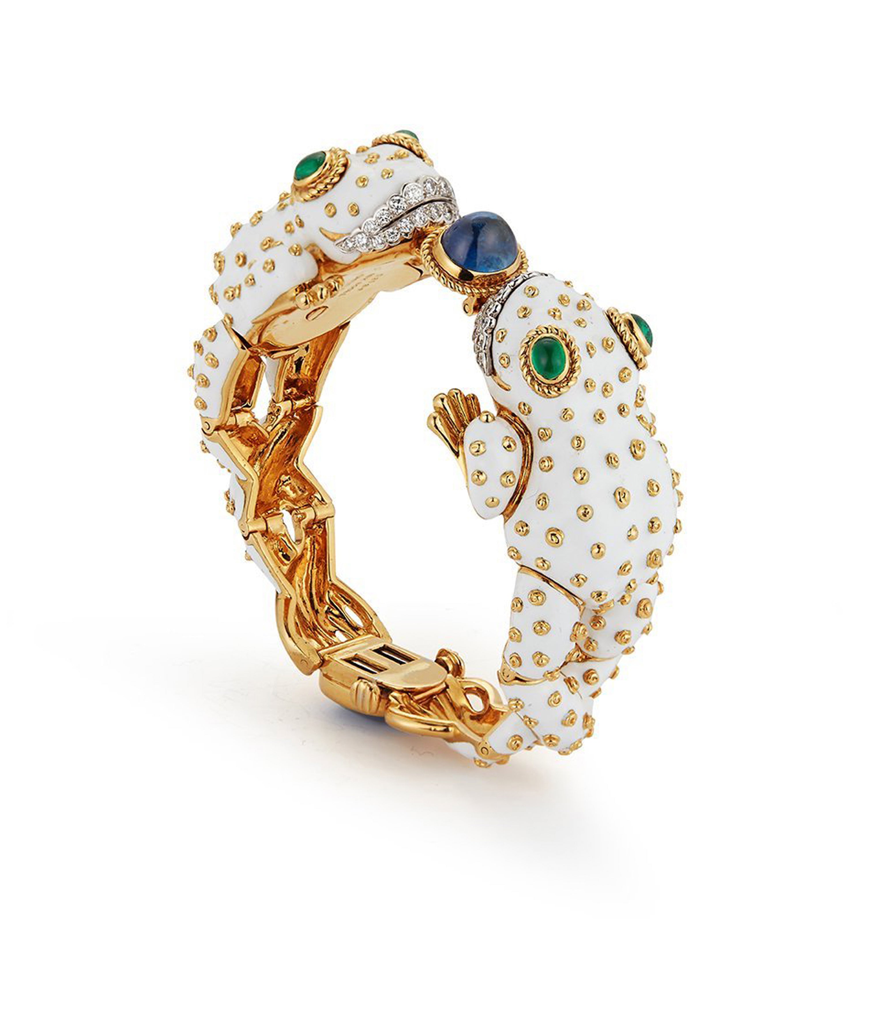 David Webb Workshop, Twin Frog Bracelet, White Enamel, Sapphire