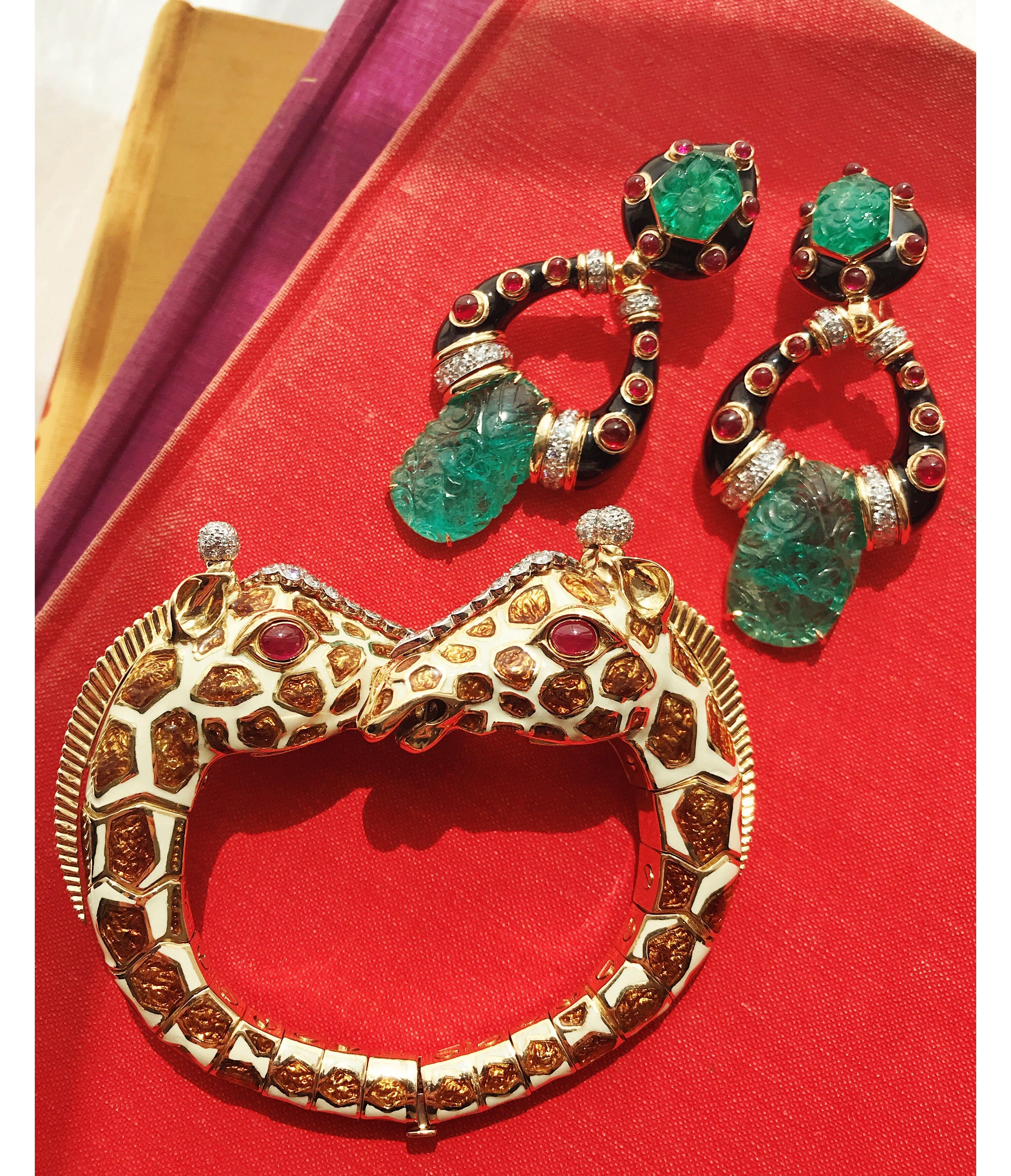 David Webb Workshop, Twin Giraffe Bracelet, Brown Enamel, Ruby