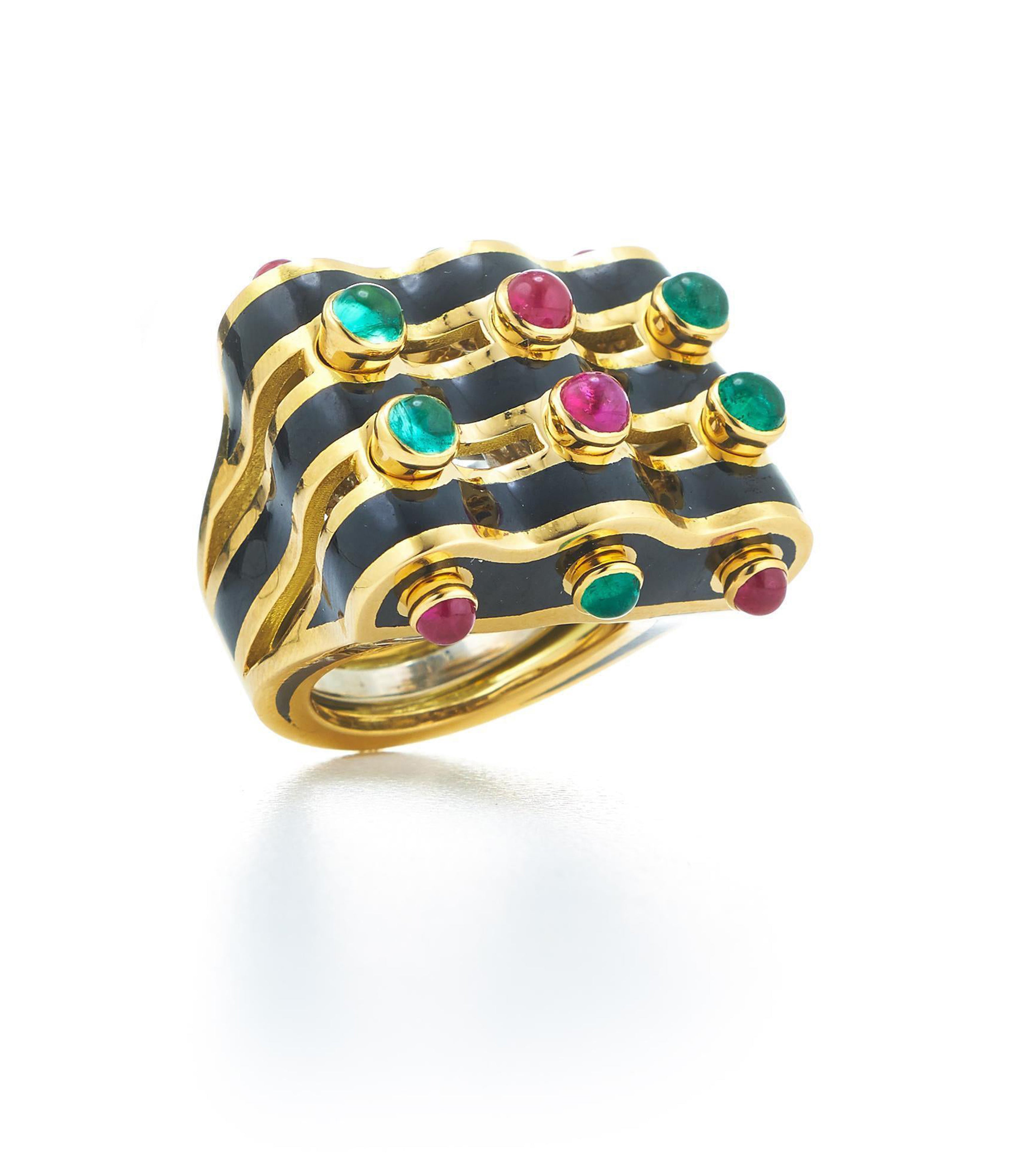 David Webb Workshop, Wave Ring, Black Enamel, Emerald, Ruby