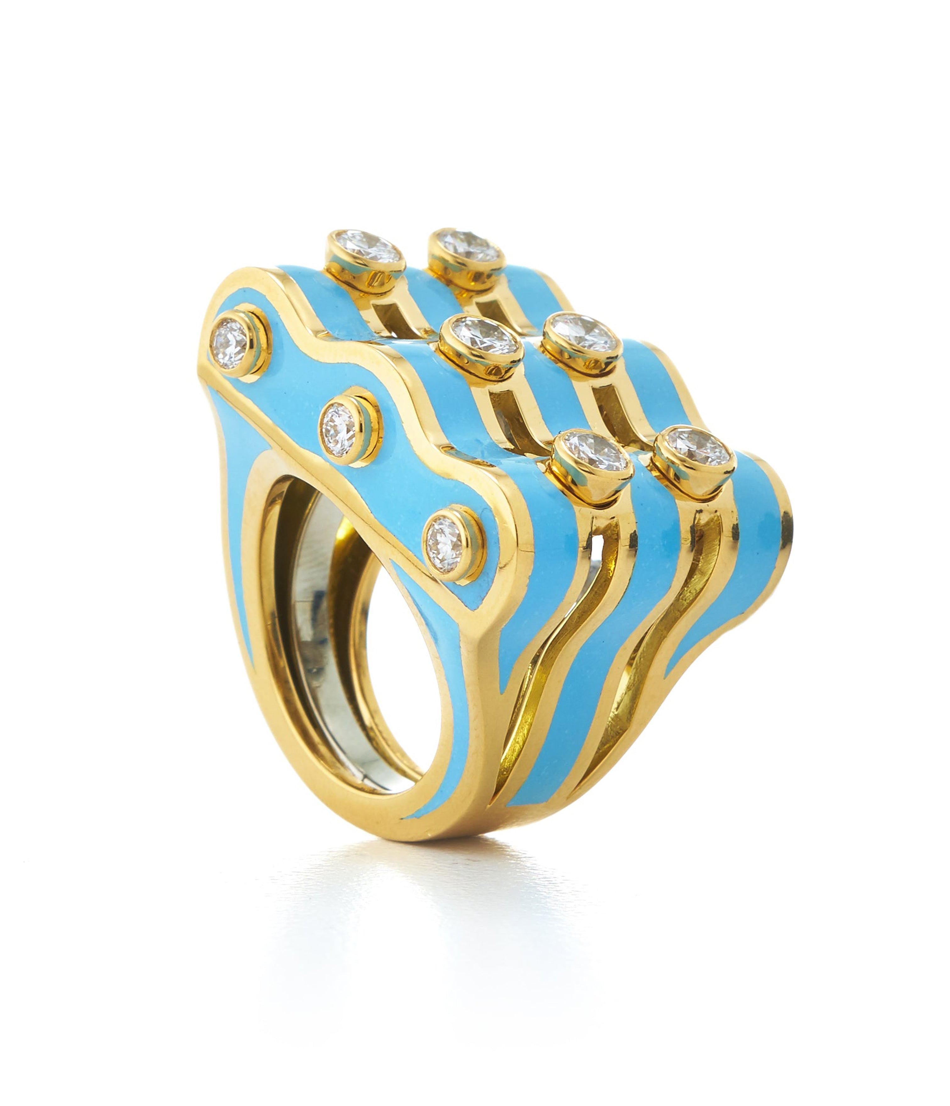 David Webb Workshop, Wave Ring, Light Blue Enamel