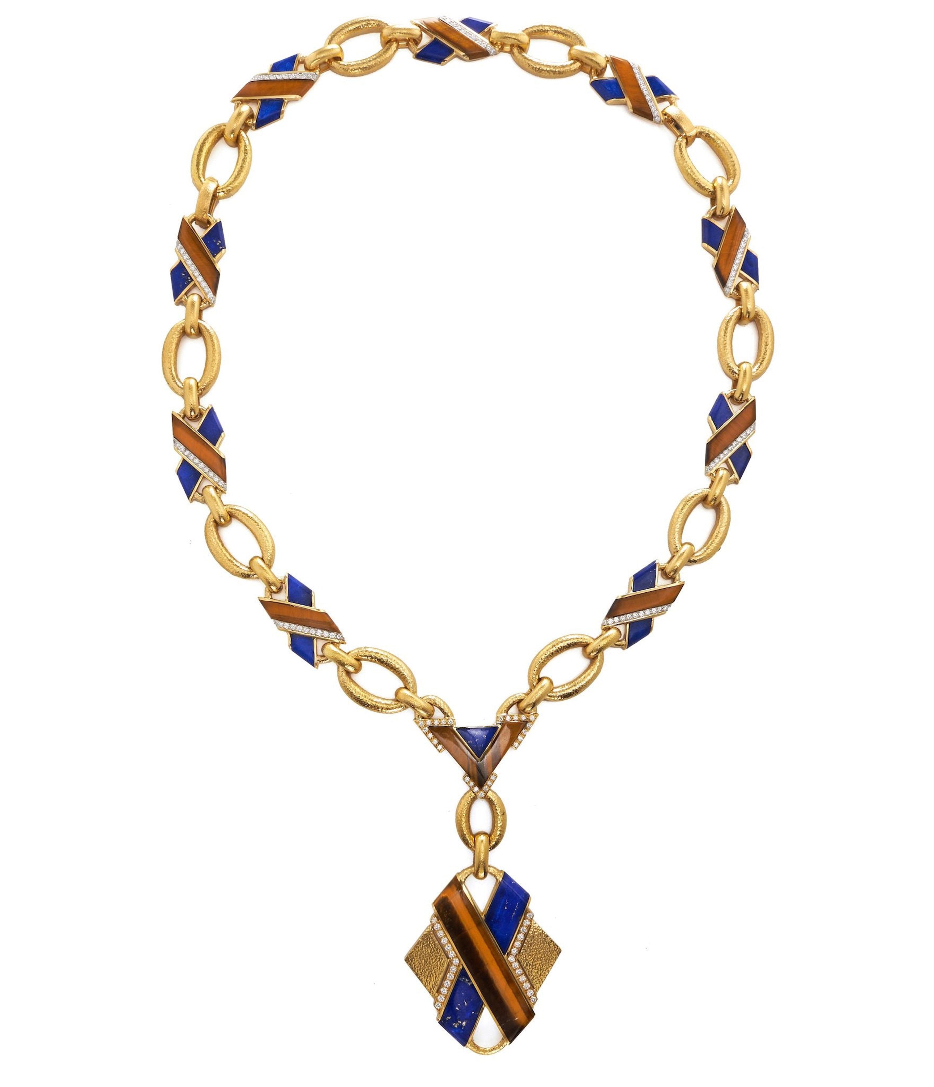 DAVID WEBB, 'X' Necklace, Lapis Lazuli, Tiger's Eye