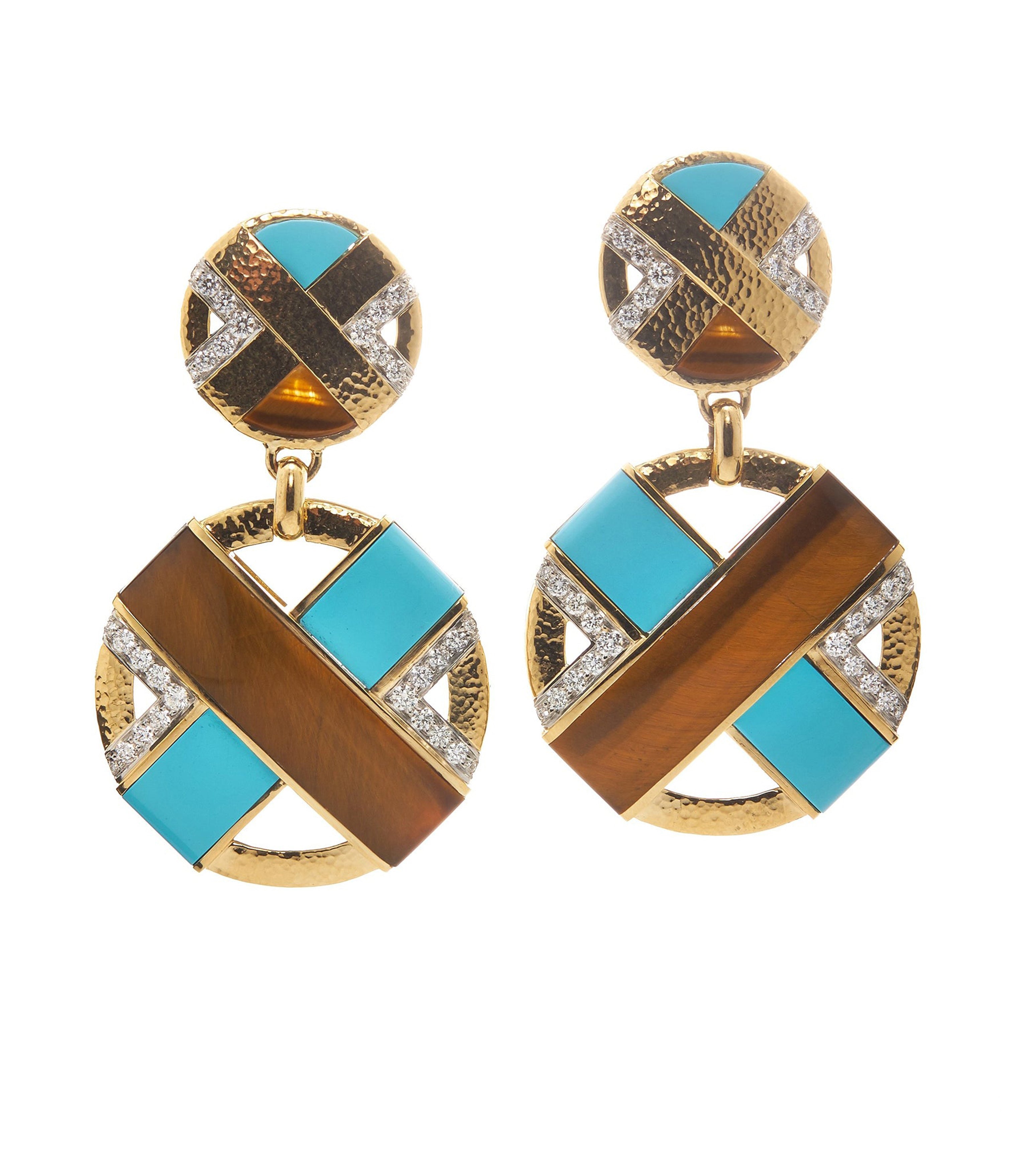 David Webb Workshop, XO Earrings, Turquoise, Tiger's Eye